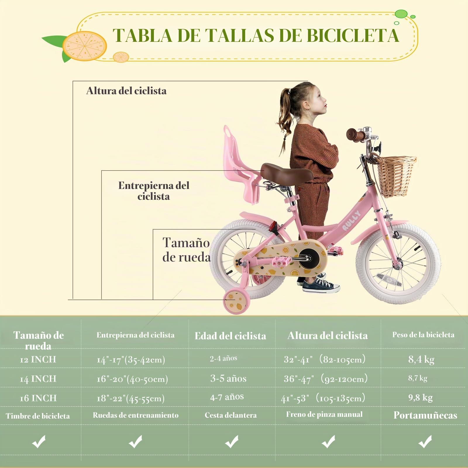 RULLY Bicicleta Infantil Fruit de 12, 14, 16 Pulgadas para Niñas de 2 a 7 Años – Bicicleta para Niñas con Ruedas de Apoyo, Cesta y Silla para Muñecas