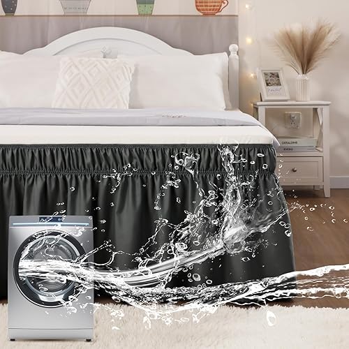 Vocander Falda de cama negra envolvente de tamaño individual de 14 pulgadas de caída, volantes elásticos fáciles de poner, falda de cama sólida,