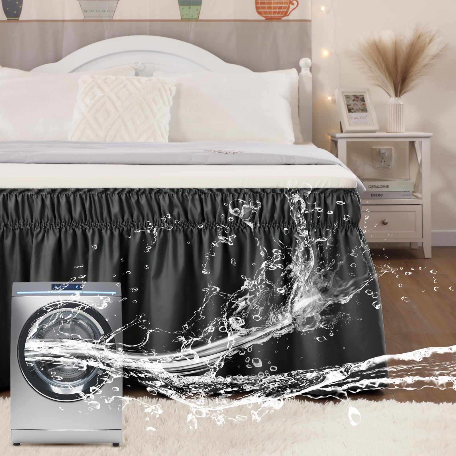 Vocander Wrap Around Black King Size Bed Skirt 14 Inch Drop, Elastic Dust Ruffle Easy to Put On, Solid Bedskirt Polyester Fabric Machine Washable