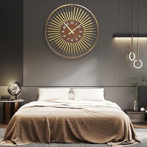 Miniatura 6 de Reloj de pared moderno de mediados de siglo de 24 pulgadas, diseño de metal de marco redondo con centro de madera de nogal, movimiento de cuarzo