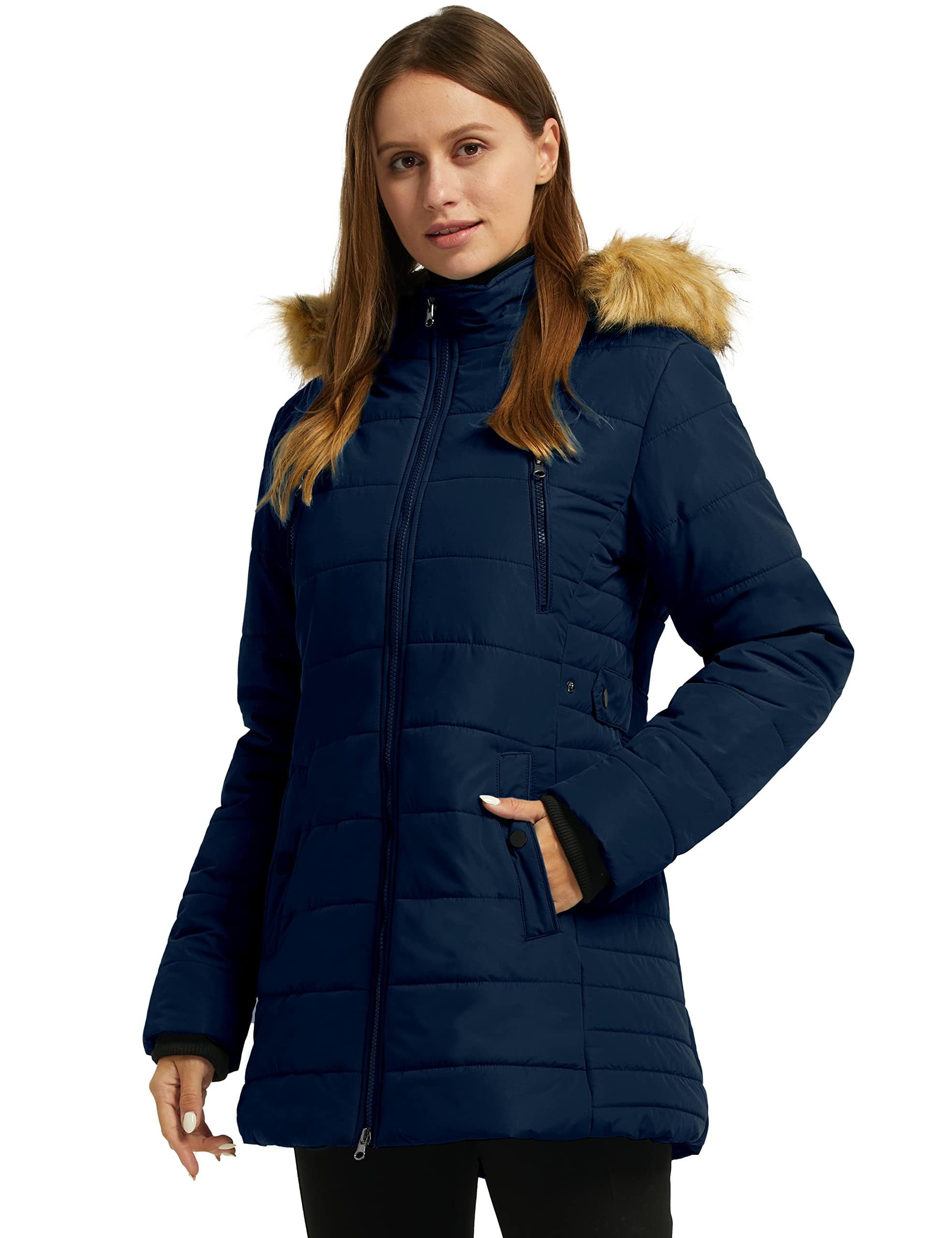 Wantdo Cappotto Caldo Invernale Giacca Media Lunga Antivento Parka con Cappuccio Staccabile in Pelliccia Giubbotto Slim Fit Idrorepellente Donna