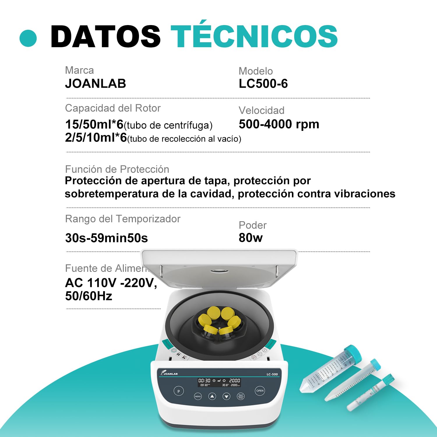 JOANLAB Centrífuga de Laboratorio 500-4000 RPM 2146 xg 9 Programas Temporizador LC-500