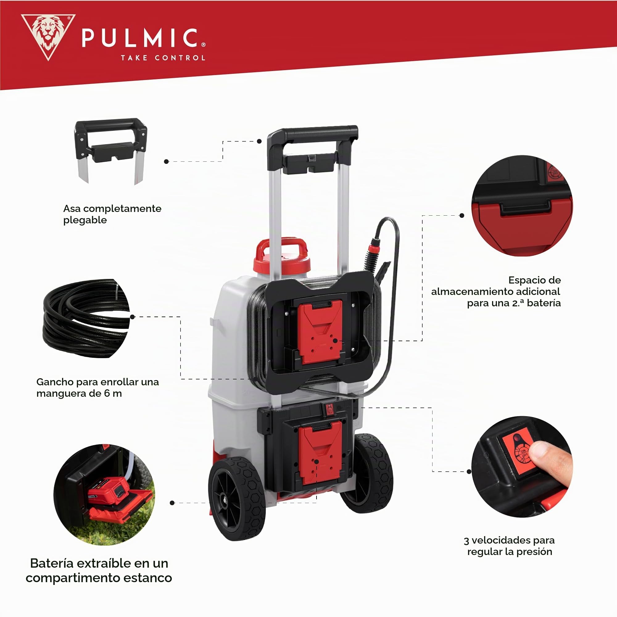 Pulmic Kit Premium Pulverizador eléctrico 35L + Lanza telescópica 5m, 4 Bar, Manguera 6m, autonomía 7h. para Limpieza de techos, Jardines, Aplicaciones en Altura, Palo ergonómico y Ultraligero