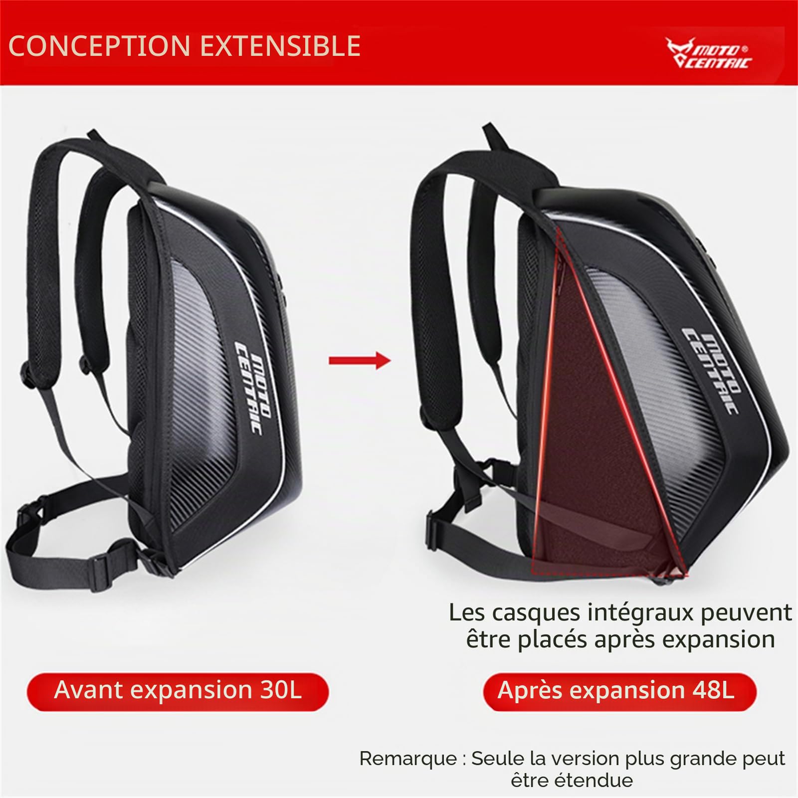 Sac à dos de moto 48 L étanche en fibre de carbone avec coque rigide réfléchissante