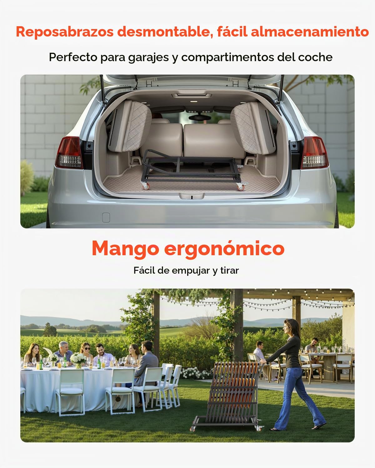 VEVOR Estante para Sillas Plegable, Capacidad de 136 kg, Carrito de Colocación Vertical en Forma de L para 25 Sillas, Carrito de Almacenamiento de Metal Resistente con Ruedas de Goma, Negro Mate