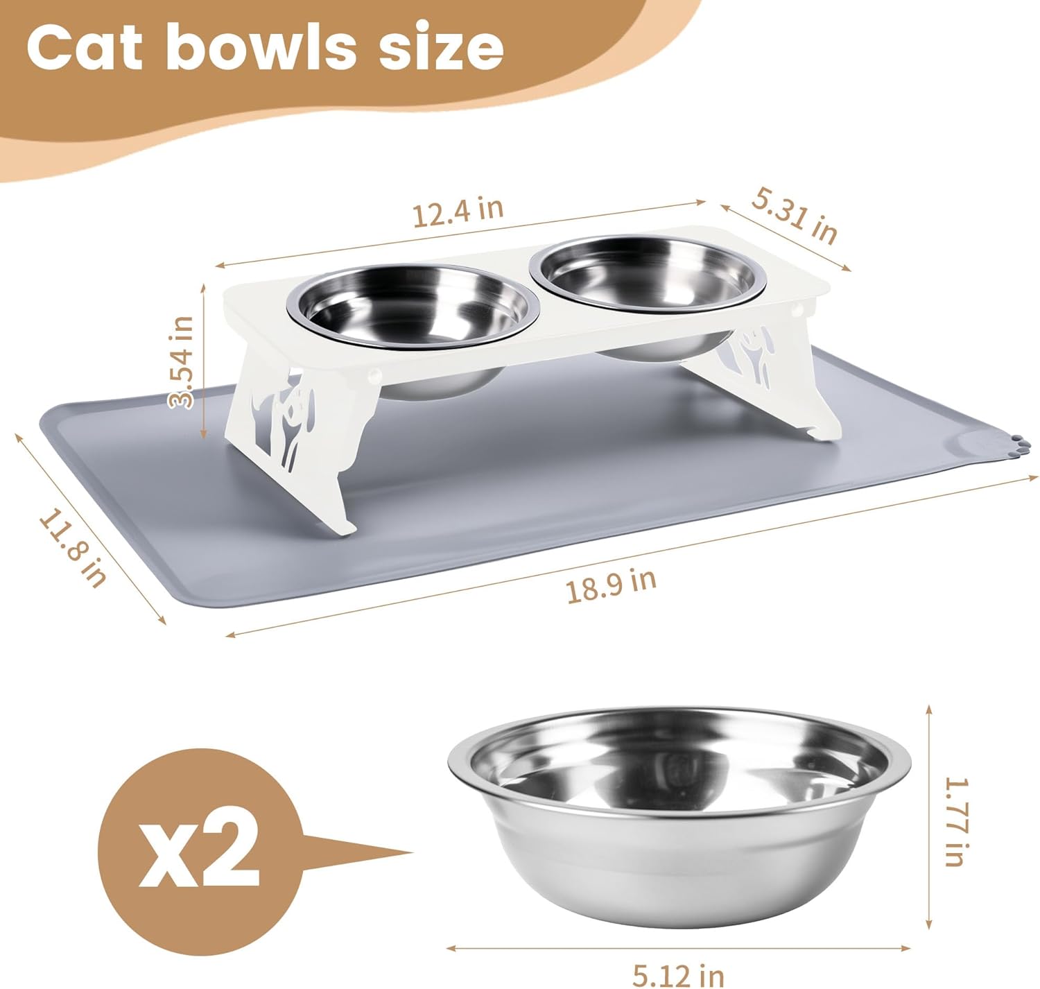 Elevated Cat Bowls with Food Mat,10° Tilted Anti-Vomiting Raised Cat Food Bowl for Small Cats and Puppies, Foldable 2 Stainless Steel Pet Bowl with Stand-Milky White