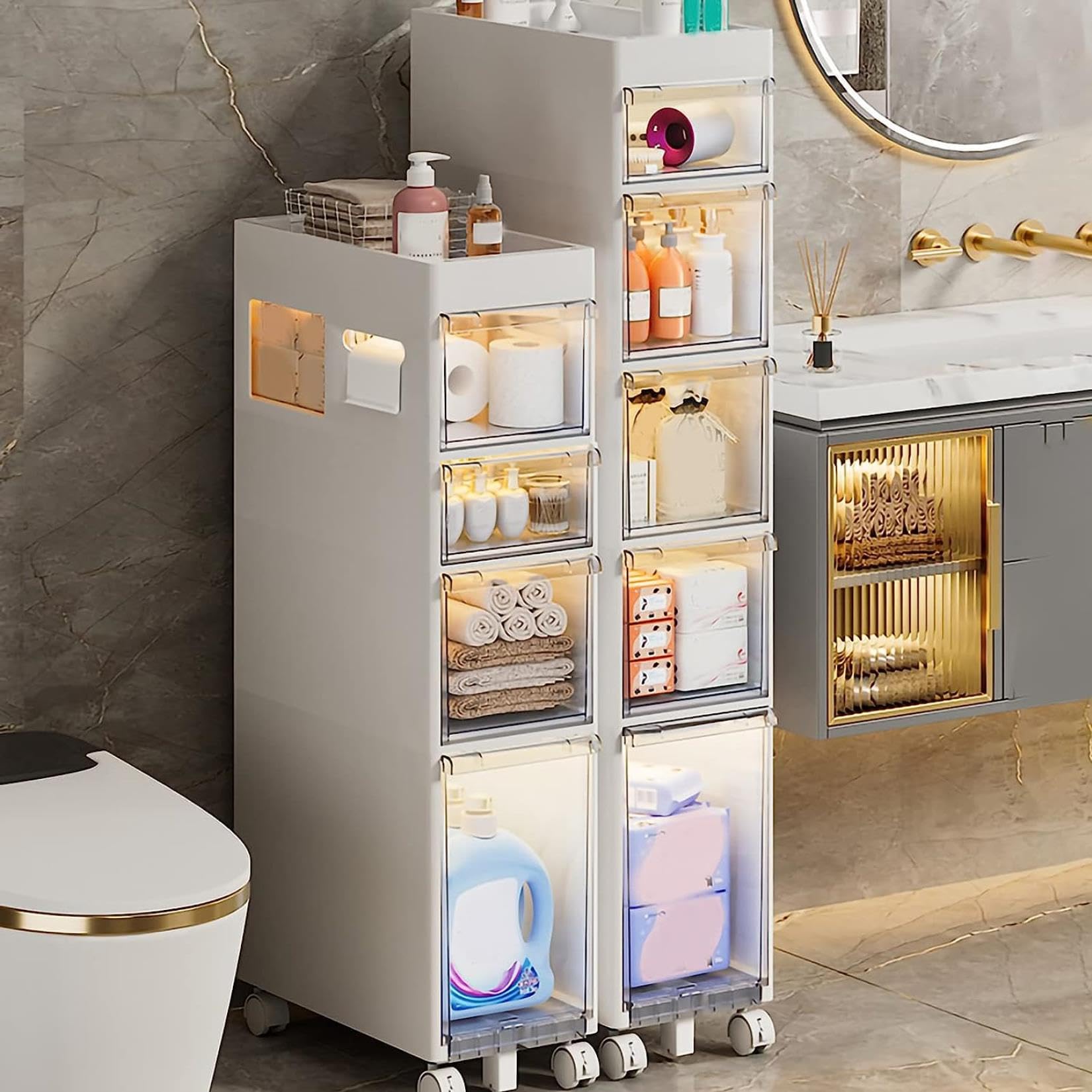 Cajones de almacenamiento apilables Gabinete de almacenamiento de baño pequeño de 9'' de ancho, gabinete de piso de baño Estrecho de 4 niveles de Gran capacidad con Cajon