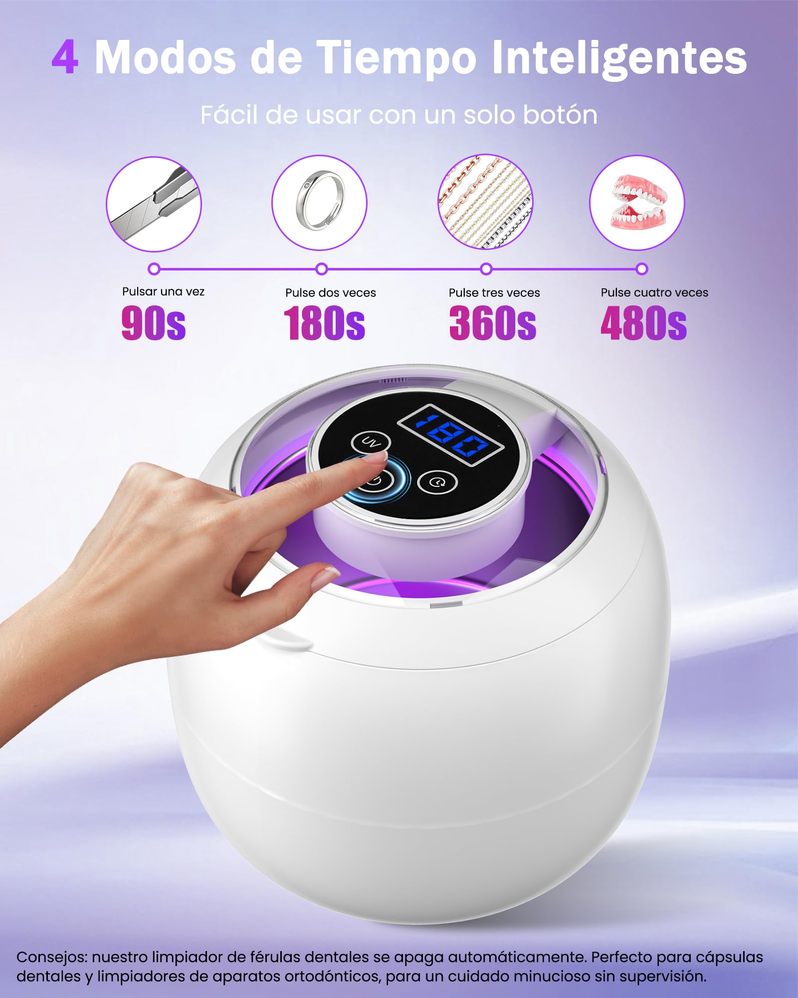 LONGYI 45KHz Limpiador Ultrasonidos Dental, Cápsula Dental de 210 ml con 6 Lámparas UV, Batería Incorporada, 4 Ajustes de Temporizador, Limpiador Ultrasónico para Dentaduras Postizas