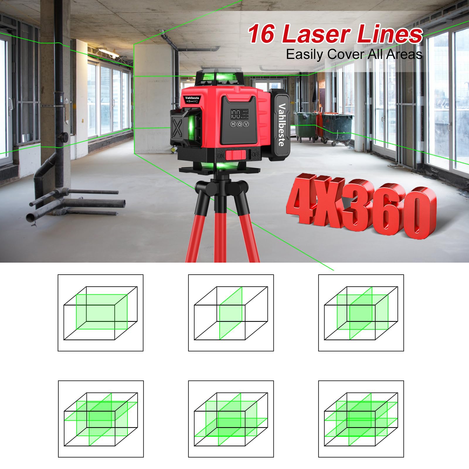 Livella Laser con Treppiede,Livella Laser Autolivellante 360 con 2x4800mAh Batterie & Indicatore LED, 4X 360 °Livello Laser,16 Linee Laser Verde/APP/Telecomando/IP54 Impermeabile,Antipolvere