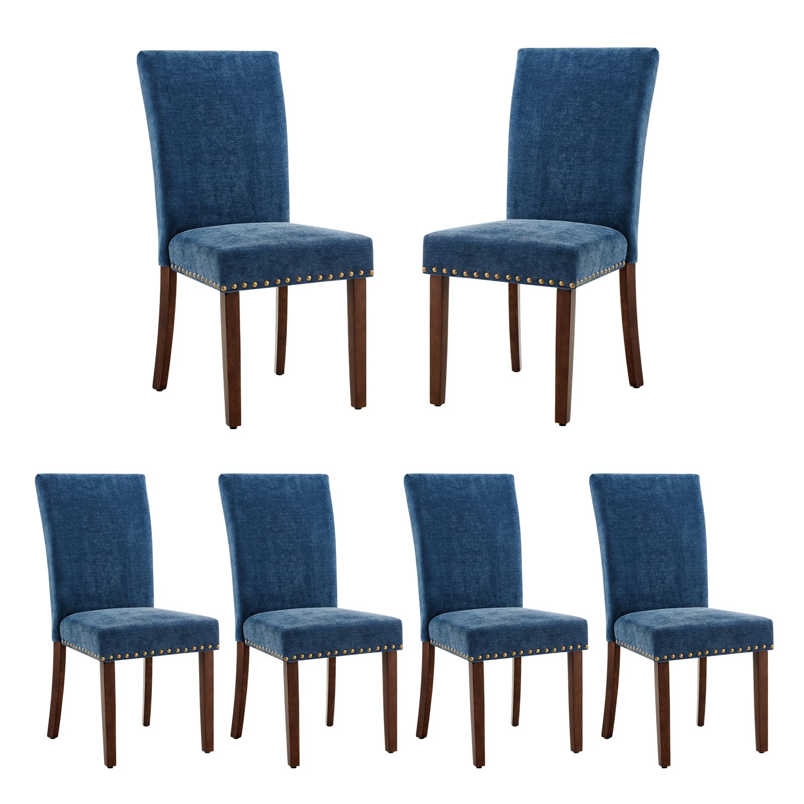 COLAMY Upholstered Parsons Dining Chairs Set of 6, Fabric Dining Room Kitchen Side Chair with Nailhead Trim and Wood Legs - Dark Blue
