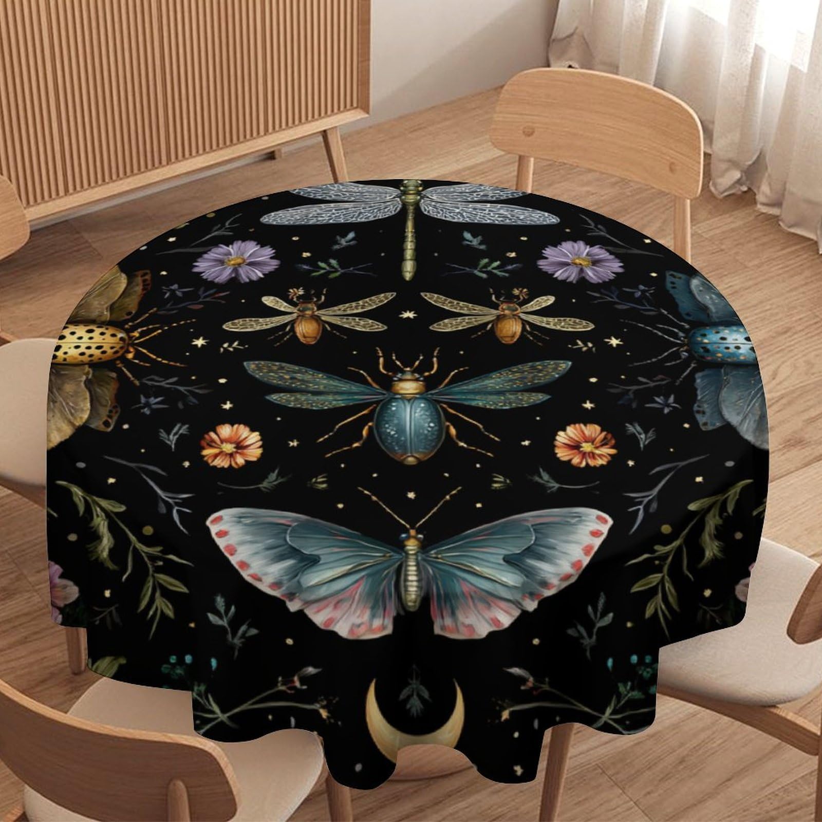 LUYYSKY Fantasy Vintage Boho Dragonfly Round Tablecloth Retro Watercolor Animal Dragonflies Butterfly Flowers Print Washable Decor for Table Cover for Kitchen-127 Wx127 L cm