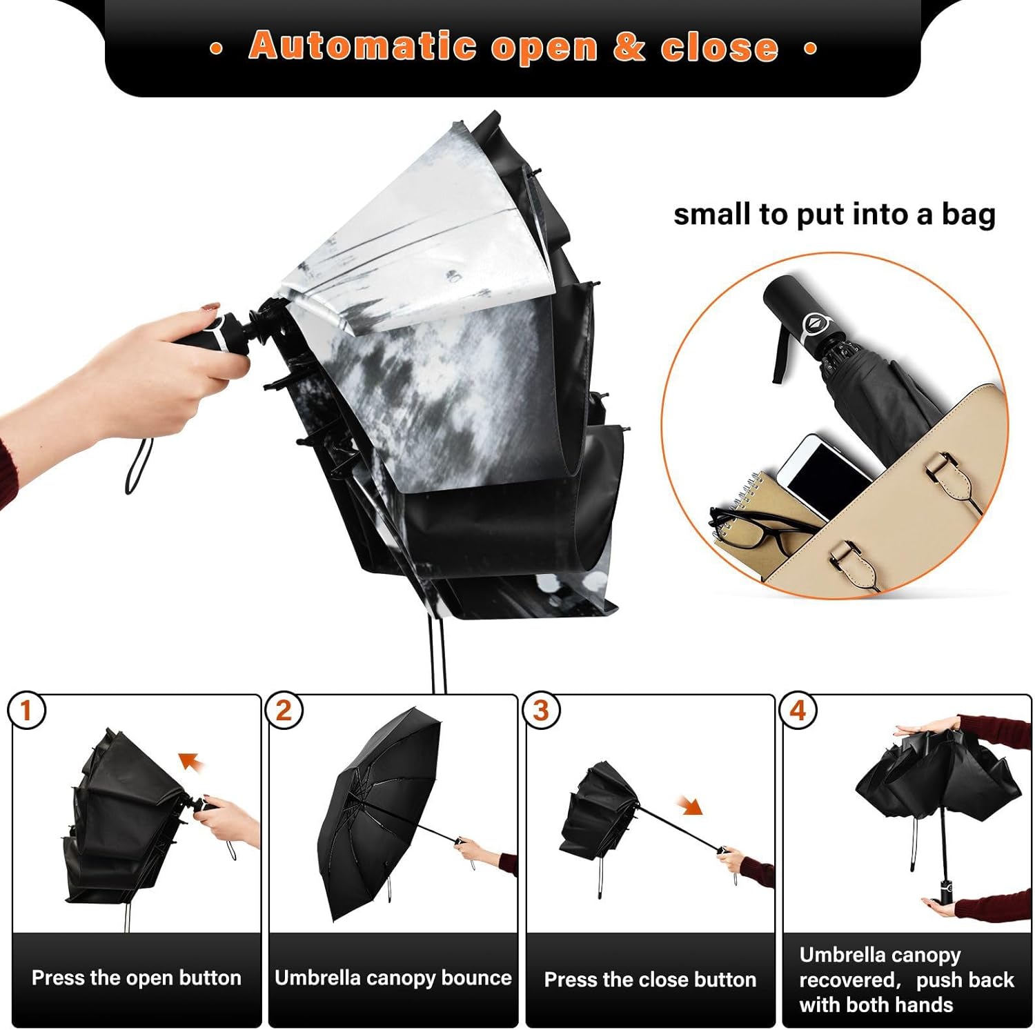 UV Protection Travel Umbrella Gothic Skull Black Compact for Rain and Sun - Auto Open and Close UPF 50+ Windproof Portable 46” Sun Umbrella for Women and Men