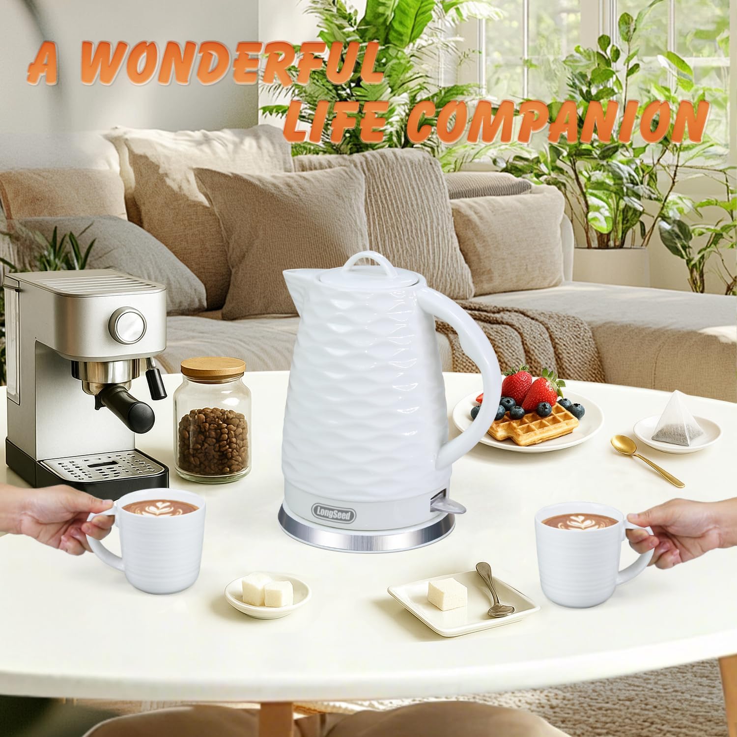 Ceramic electric kettle,1.5L/1000w, white electric tea kettle， Automatic Shut-Off, BPA-Free, Boil-Dry Protection, suitable for coffee, tea, quick boiling, with wave texture design
