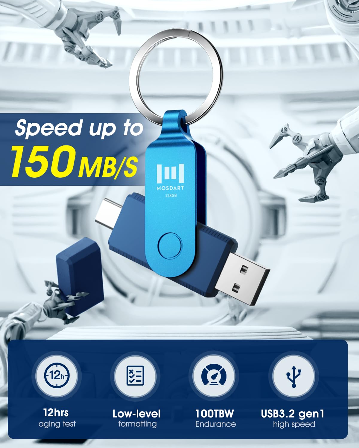 MOSDART Unidad flash USB C dual de 128 GB, velocidad de hasta 150 MB/S, unidad de pulgar tipo C 3.1 con llavero e indicador LED, para iPhone 15, 16, 17, teléfono Android, iPad, MacBook y portátiles