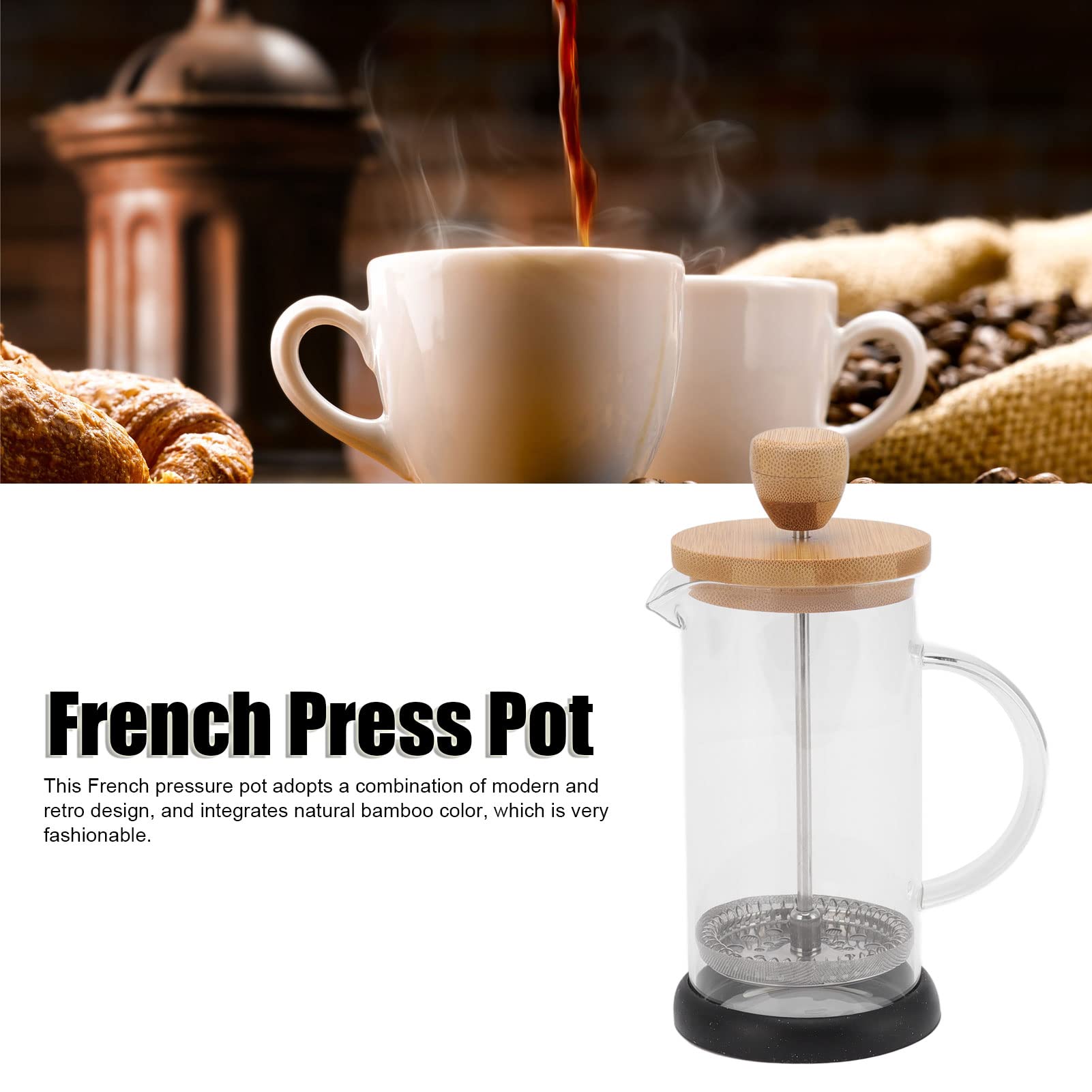 Lybunair French Press Heat Resistant Hand Brewing Filter Pot, Borosilicate Teapot Coffee Brewer Pot for Office Use (350ml Bamboo Cover)