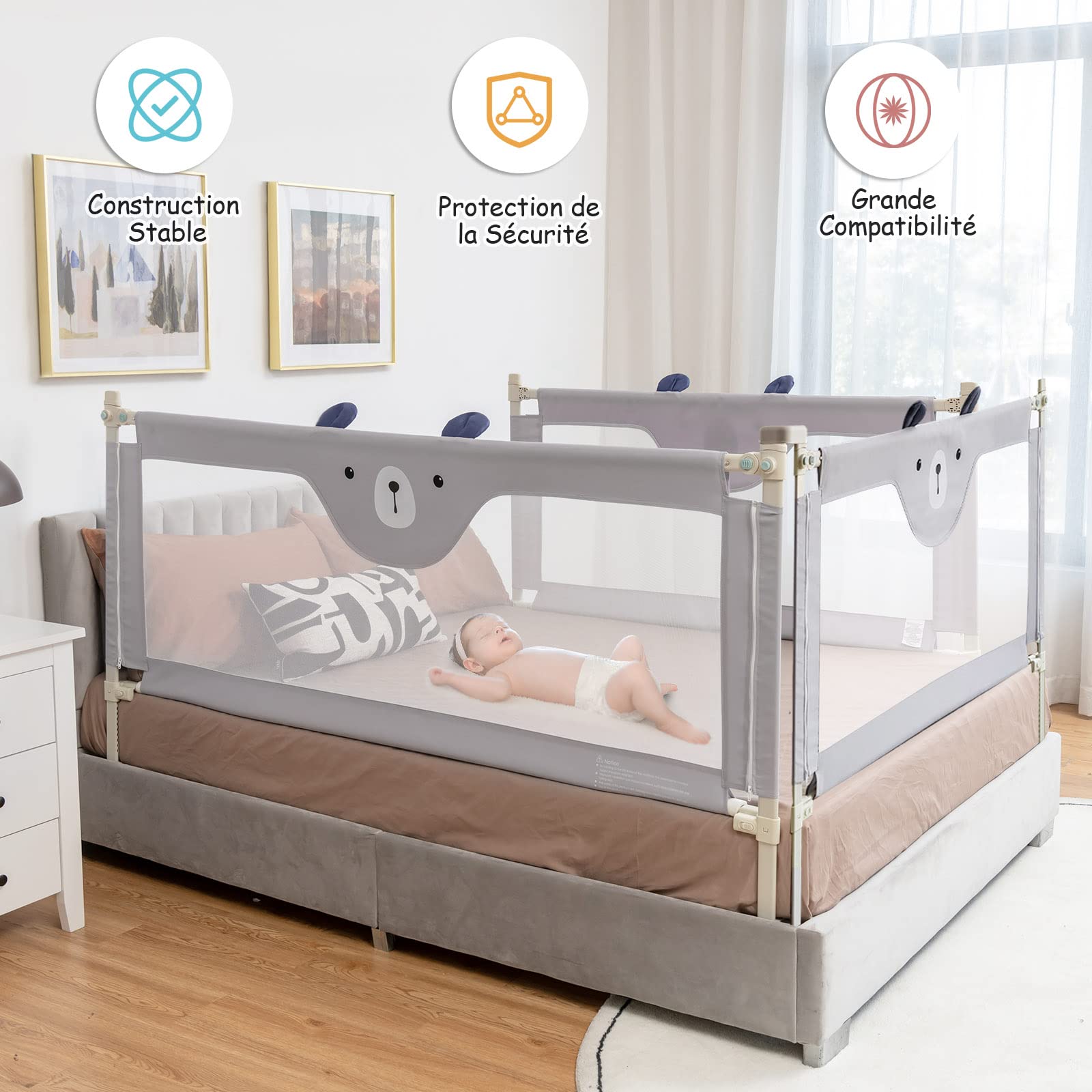 GOPLUS Barrière de Sécurité Enfant Lit Pliable, Barrière de Lit Enfant Bébé 0-3 Ans, Bords Arrondis et Maille Respirante (Gris+Motif Ours, 174,5×25×72,5 CM)
