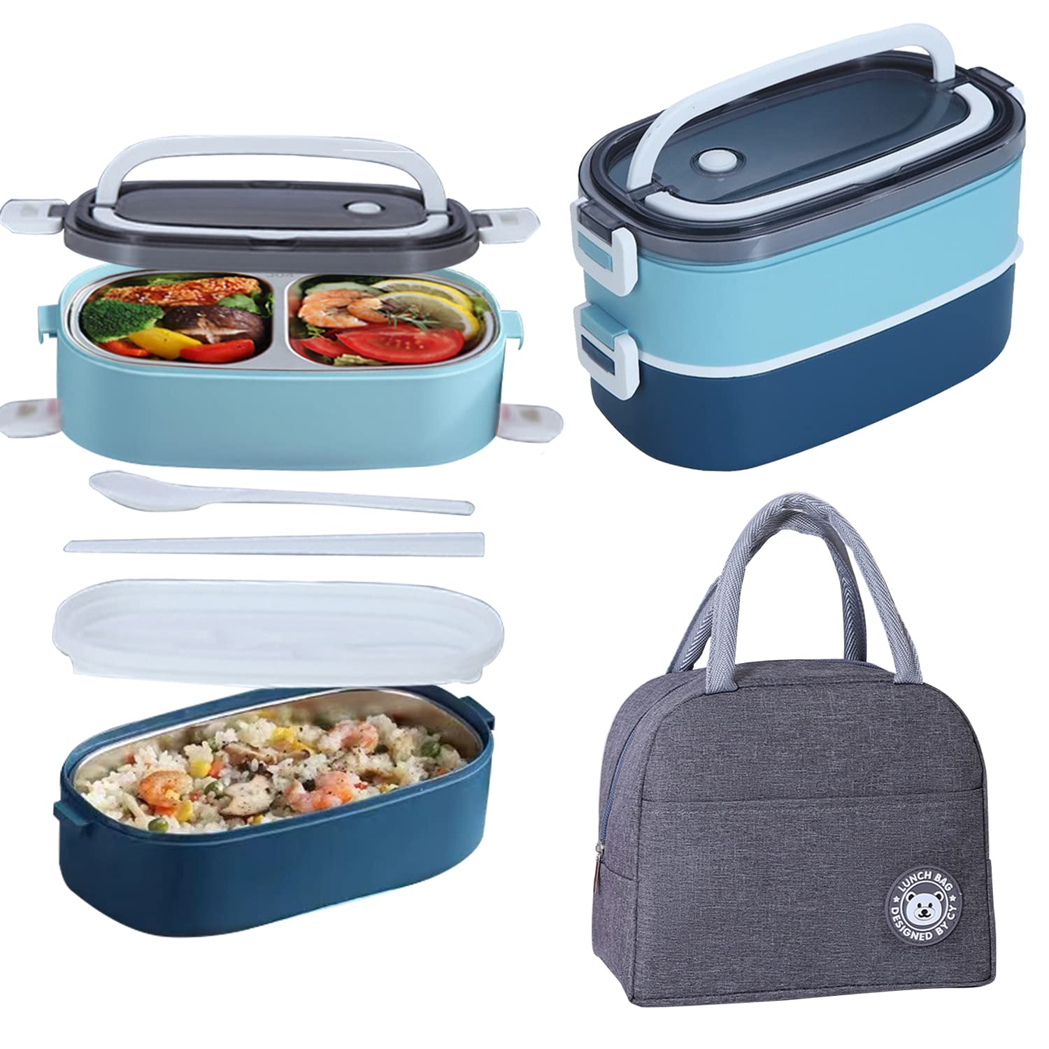 TAPIT Bento Lunch Box with Bag - Stainless Steel Lunch Box, Food Container with Utensils and Handle, Lunch Box For Kids And Adultsâ€“ BPA-Free and Food-Safe Materials (Blue)