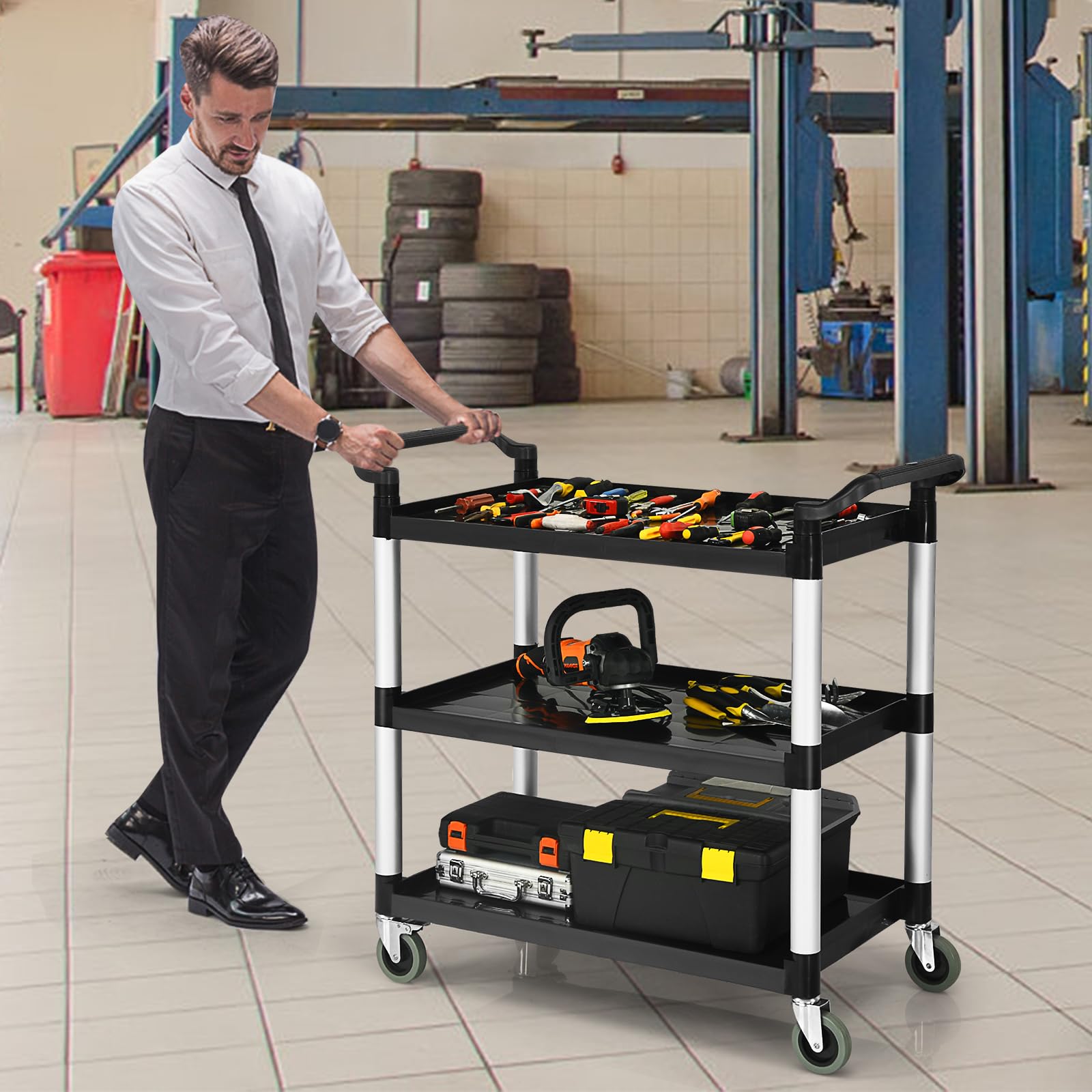 KOMFOTTEU Carrello di servizio a 3 livelli, carrello da cucina con ruote (2 con freno) e comode maniglie, carrello ausiliario con capacità di carico di 50 kg per scaffale, 103 x 49 x 98 cm