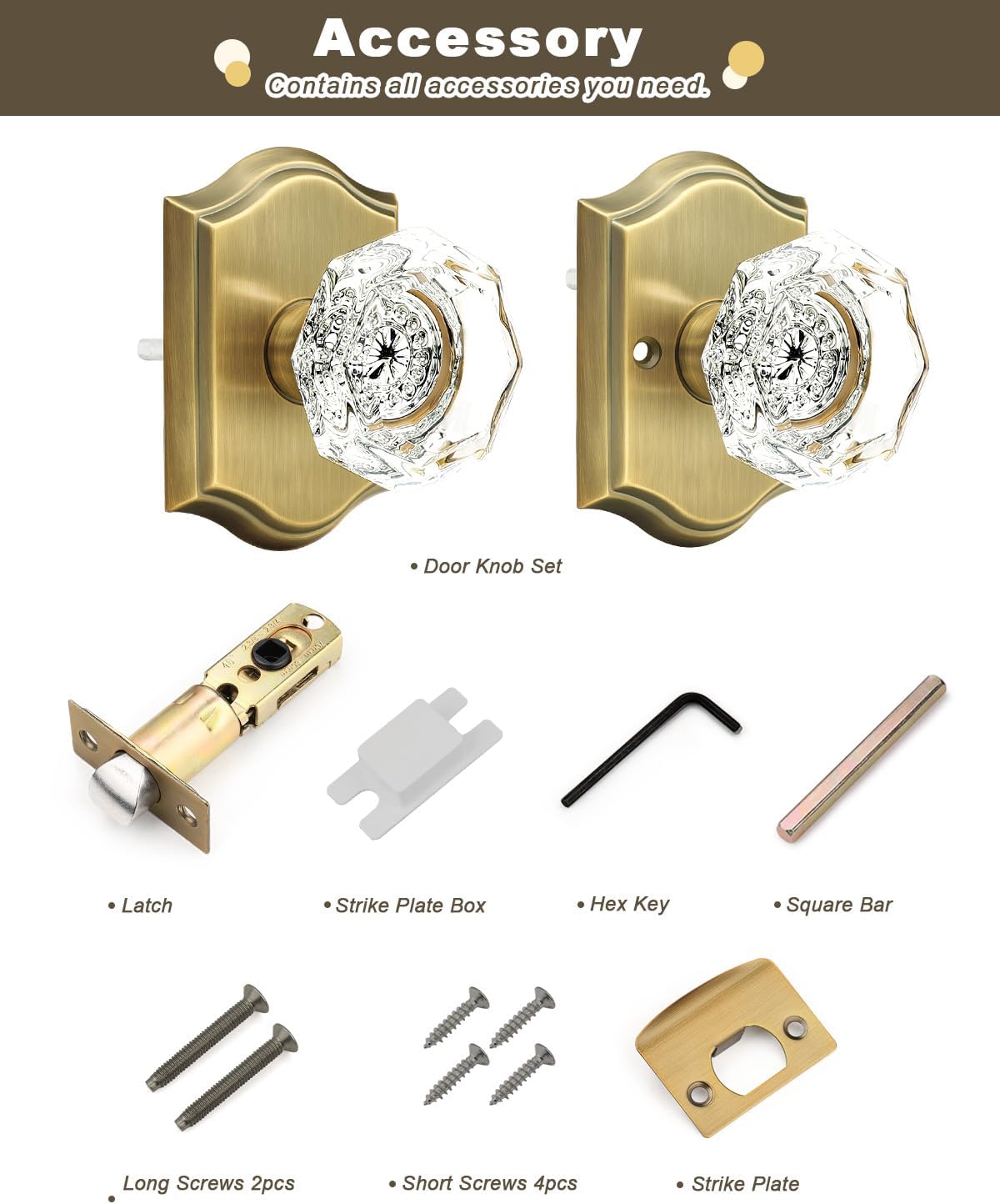 Gobrico Clear Glass Crystal Passage Door Knobs,Antique Brass Interior Crystal Door Handles for Hall Closet,2 Pack Keyless Door Lock