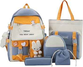 5Pcs Kawaii Backpack Japanese Anime Canvas Travel School Backpack with Cute Pendant Preppy Aesthetic Bookbag Tote Blue