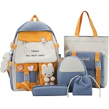 5Pcs Kawaii Backpack Japanese Anime Canvas Travel School Backpack with Cute Pendant Preppy Aesthetic Bookbag Tote Blue