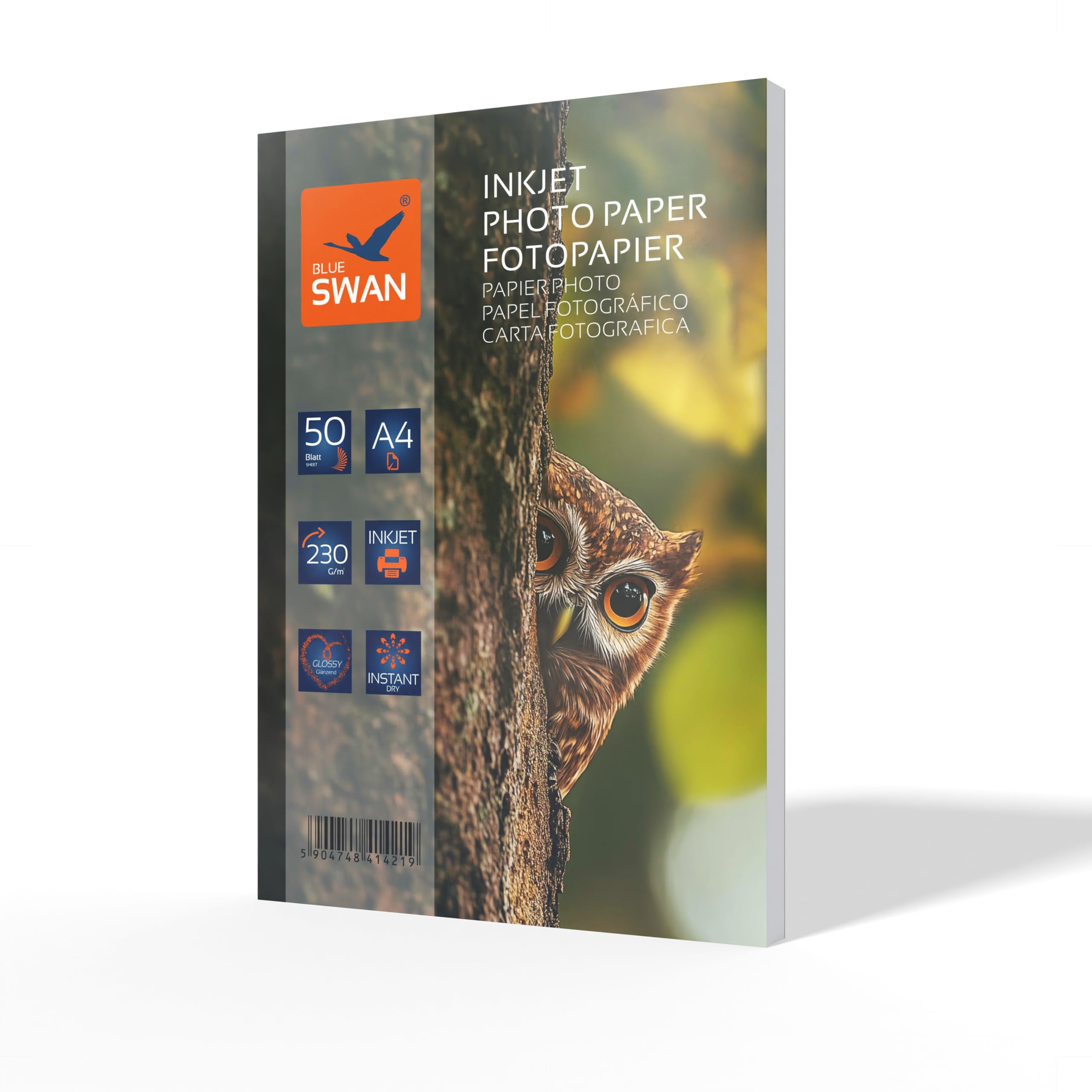 BLUE SWAN Carta Fotografica Lucida A4, 230 g/m² Extra Spessa, 50 Fogli – Bianco Lucido, Asciugatura Rapida, Resistente all’Acqua e ai Graffi, Compatibile con Stampanti Inkjet