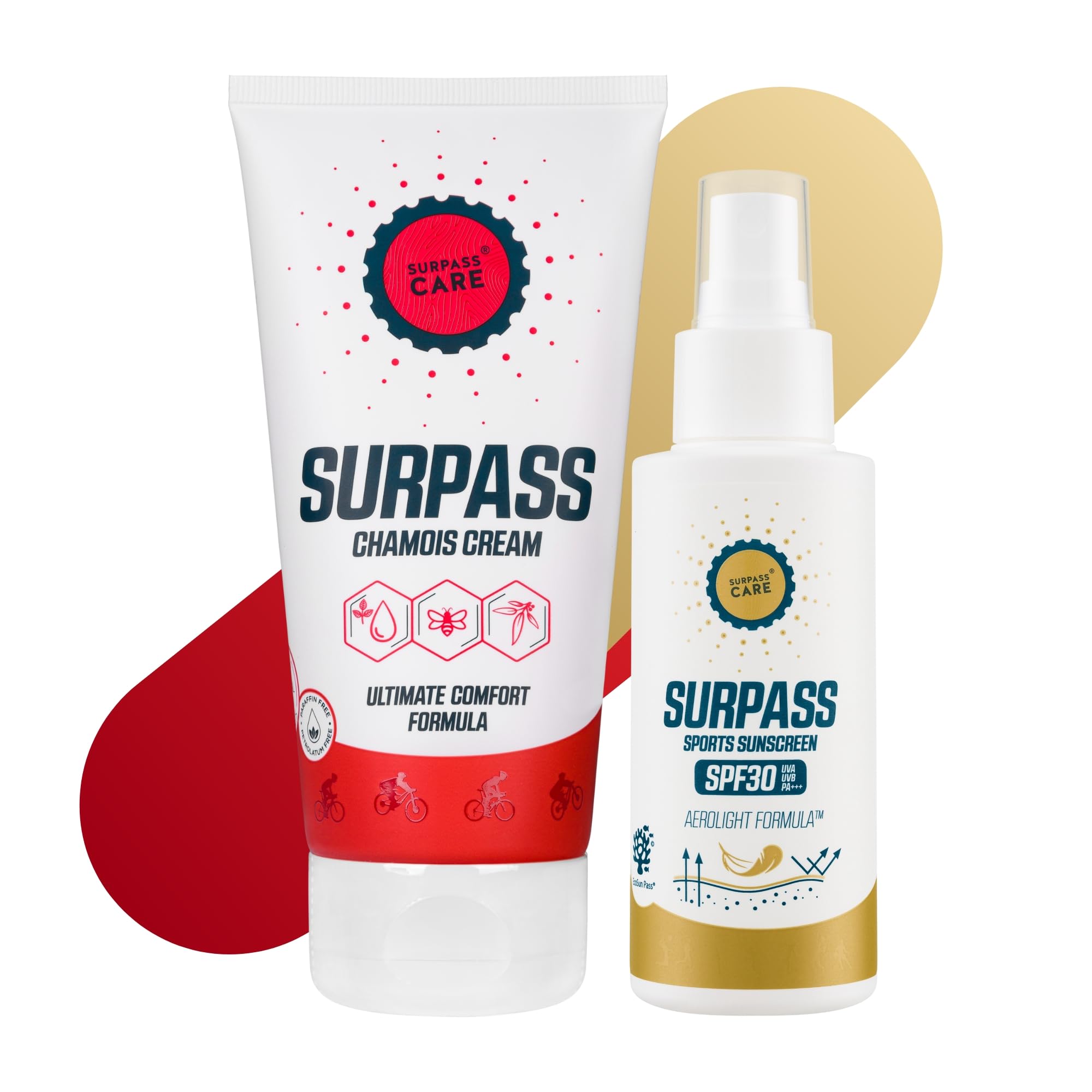 SURPASS Sunscreen SPF 30 & Chamois Cream Bundle - Paraffin-Free - 96% Natural Anti-Chafing Cream - Invisible Dry Oil Spray - UVA + UVB - EcoSun Pas 100 ml+170 ml