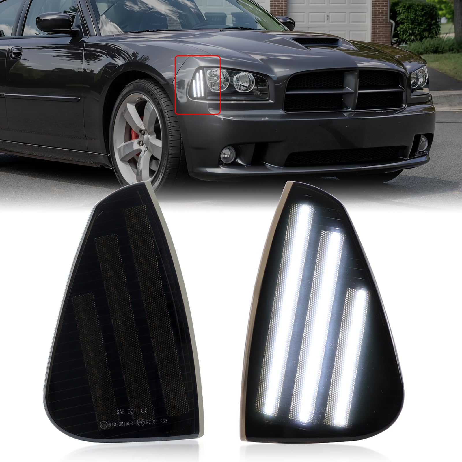 White LED Front Marker Lights For Dodge Charger 2006 2007 2008 2009 2010 Smoke Lens Driver Passenger