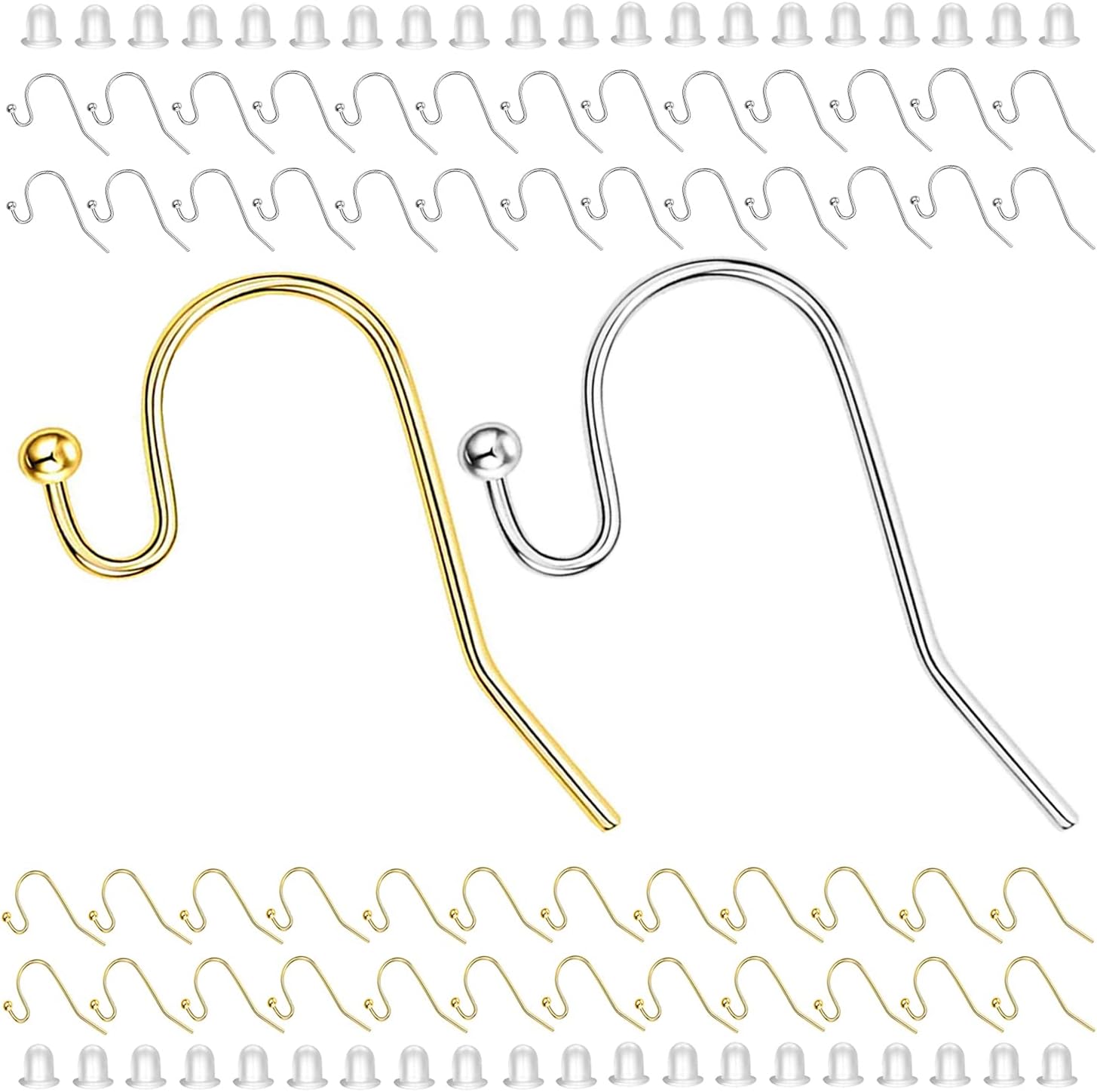 BEADNOVA Earring Hooks 100pcs Mix Color Ball Dot Ear Wire with Rubber Backs Earwire for Jewelry Making Earring Supplies (50pcs Ear Wire Each Color and 100pcs Backs, Total 200pcs)