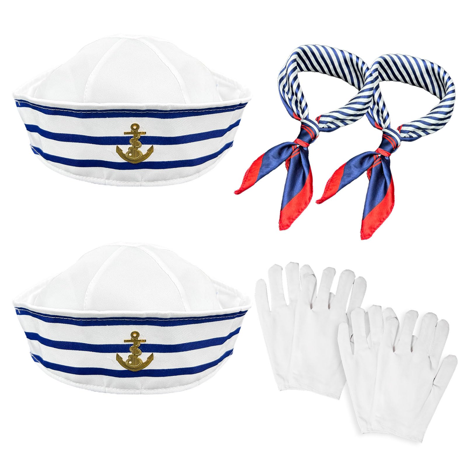 XNIVUIS Captain Sailor Costume Set,Sailor's Cap Scarf White GlovesYacht Captain Cap Sailor Ship Cap One SizeNavy Outfit Dressing Up Party for Women Men Costume Accessory (sailor)