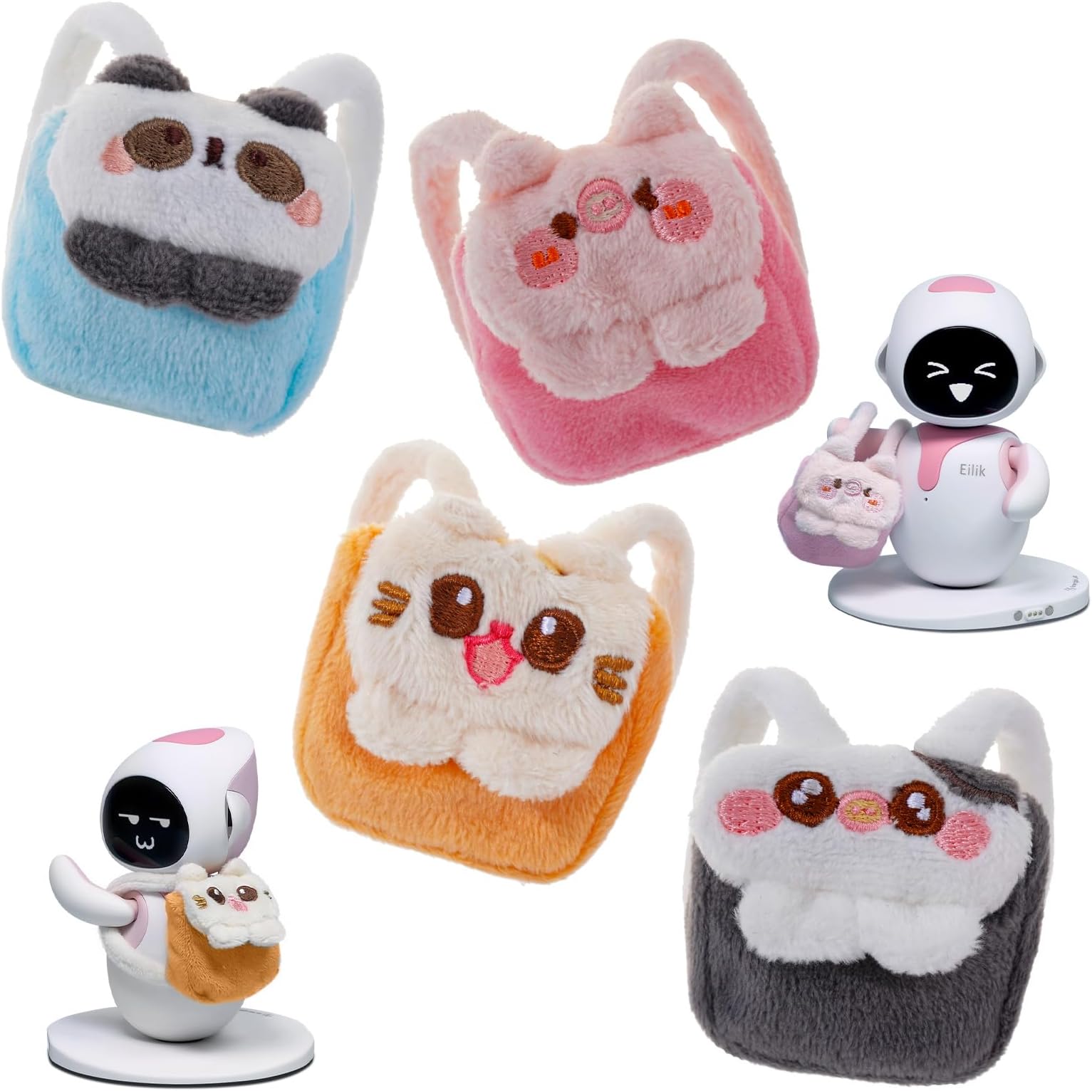 ENERGIZE LAB Animal Backpack Set for Eilik - 4 Pcs Animal-themed Backpacks Toys with Cozy Plush Texture, Eilik Love to Use it for Food or Books, You Can Hold Other Items! Cutest Christmas Gifts.