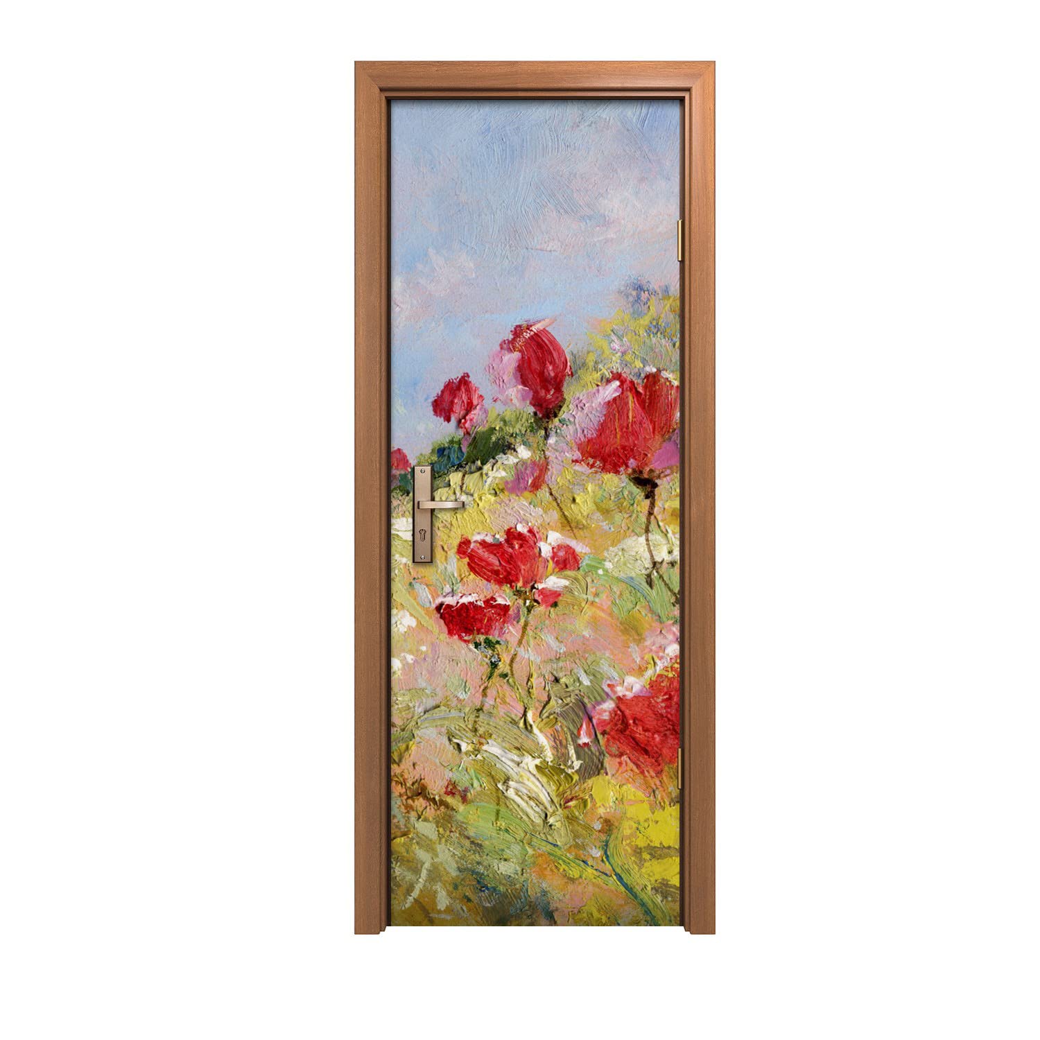 Autocollant de porte pour relooker une entrée usée avec un paysage floral