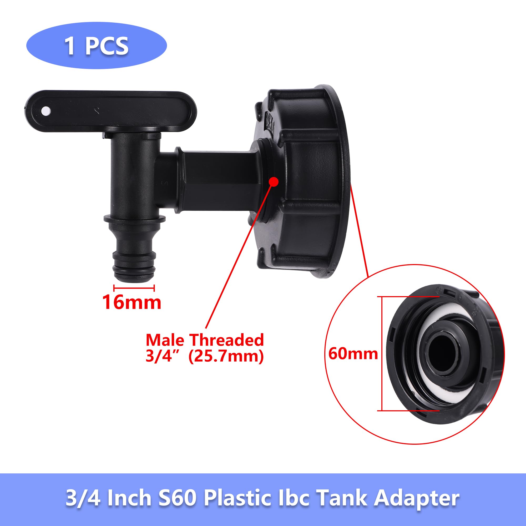 S60 1"3/4"1/2" Adapter do zbiornika IBC 1/2"3/4" Kran spustowy kranu Złącze gwintowane Części zamienne zaworów(8292)