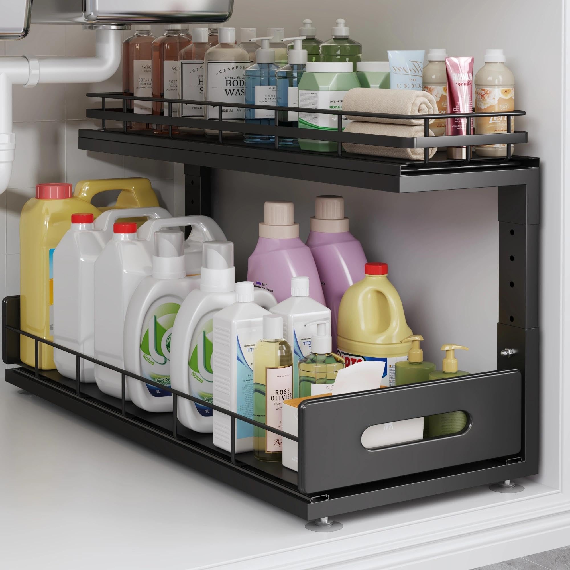 under sink organizer upgrade to professional rails,2-tier dual pull out cabinet storage,height adjustable slide out drawers for bathroom kitchen,1 pack-21"dx12.8"-16.9"h,black