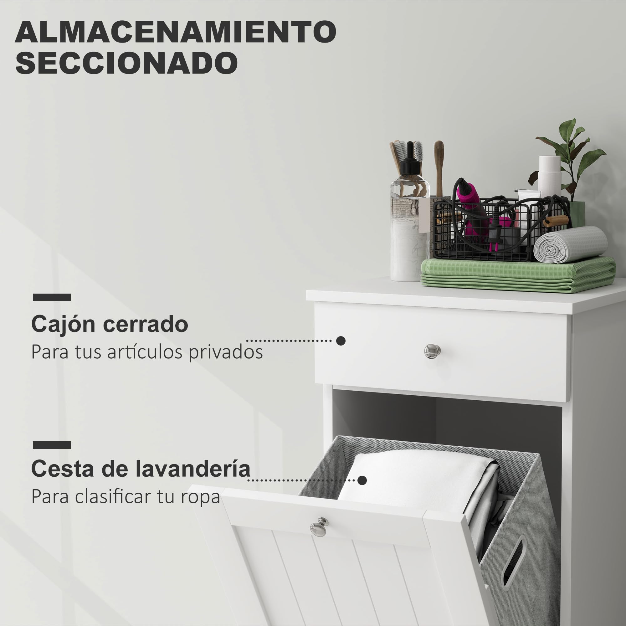 HOMCOM Armario de Baño con Cesto Ropa Sucia Abatible, Mueble Ropa Sucia con Bolsa de Tela Plegable y Cajón, Ideal para Lavandería, Blanco, 40x38x90 cm
