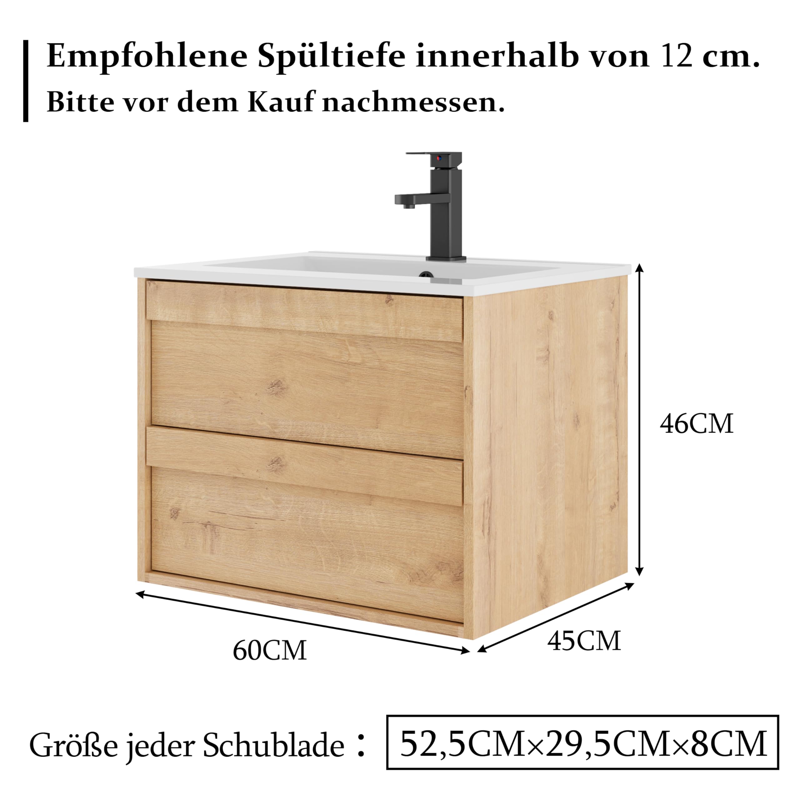 UEV Waschtisch mit Unterschrank, Waschbeckenunterschrank 60cm hängend, mit Soft-Close-System, Waschplatz, Aufsatzwaschbecken, Badezimmmer Möbel für Gäste WC, Badmöbel Set für Badezimmer, Natur