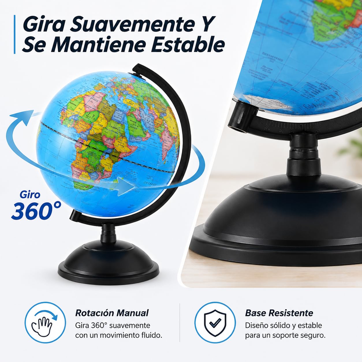 Exerz Globo Terráqueo 20 cm Mapa Español Base Negra Para Escritorio | Diseño giratorio con arco graduado lectura clara para escuela oficina habitación estudio y regalo educativo