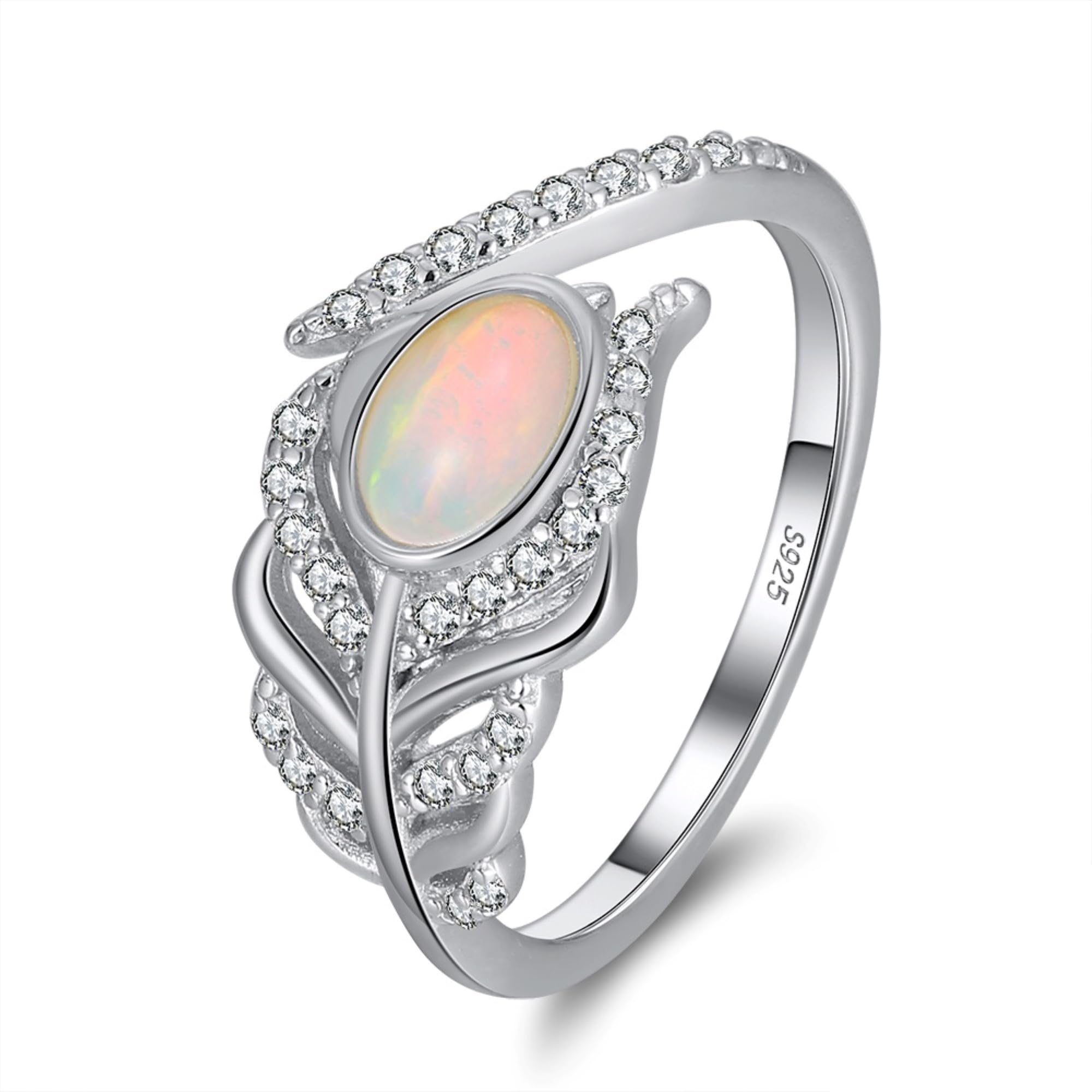 Anello di Fidanzamento Argento 925 Disegno Piuma Anello Regolabile con Opale Naturale e Zirconi per Donna Ragazza