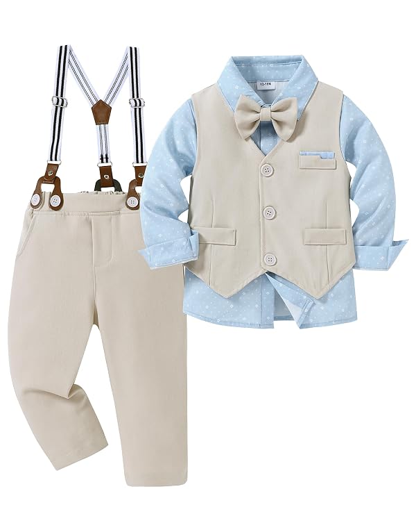 nilikastta Apricot Dress Clothes for Boys Boys Formal Suit Formal Dress Shirt/Bowtie/Vest/Suspender Pants Suspenders for Birthday Party 7-8 Years by nilikastta - Used condition - US$24.40