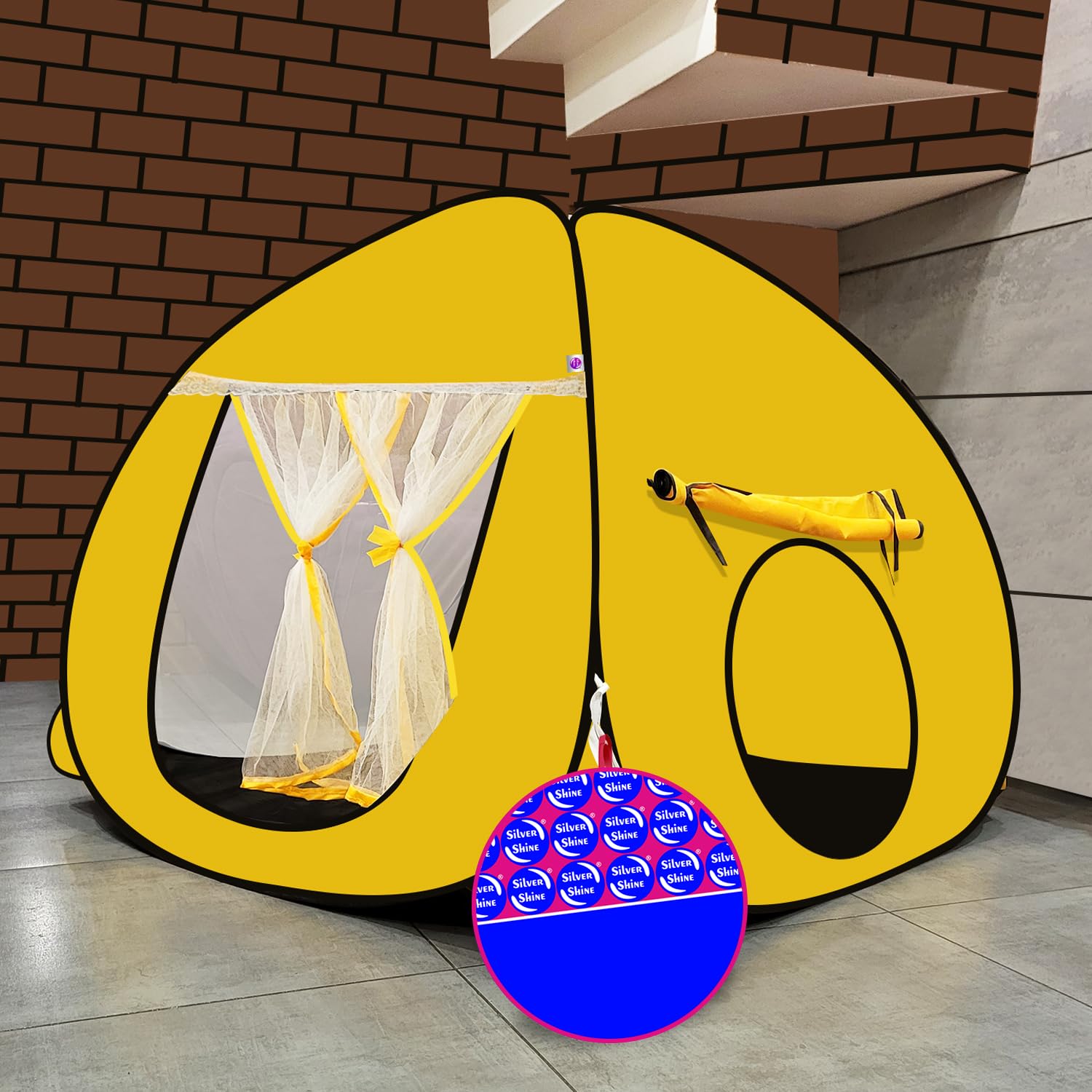 SILVER SHINE Foldable Kids Play Tent House | Pop-Up Playhouse for Boys & Girls (Up to 10 Years) | Multi-Purpose Indoor & Outdoor Tent with Mosquito Net | Fun Yellow-Black Theme – Easy Setup & Portable