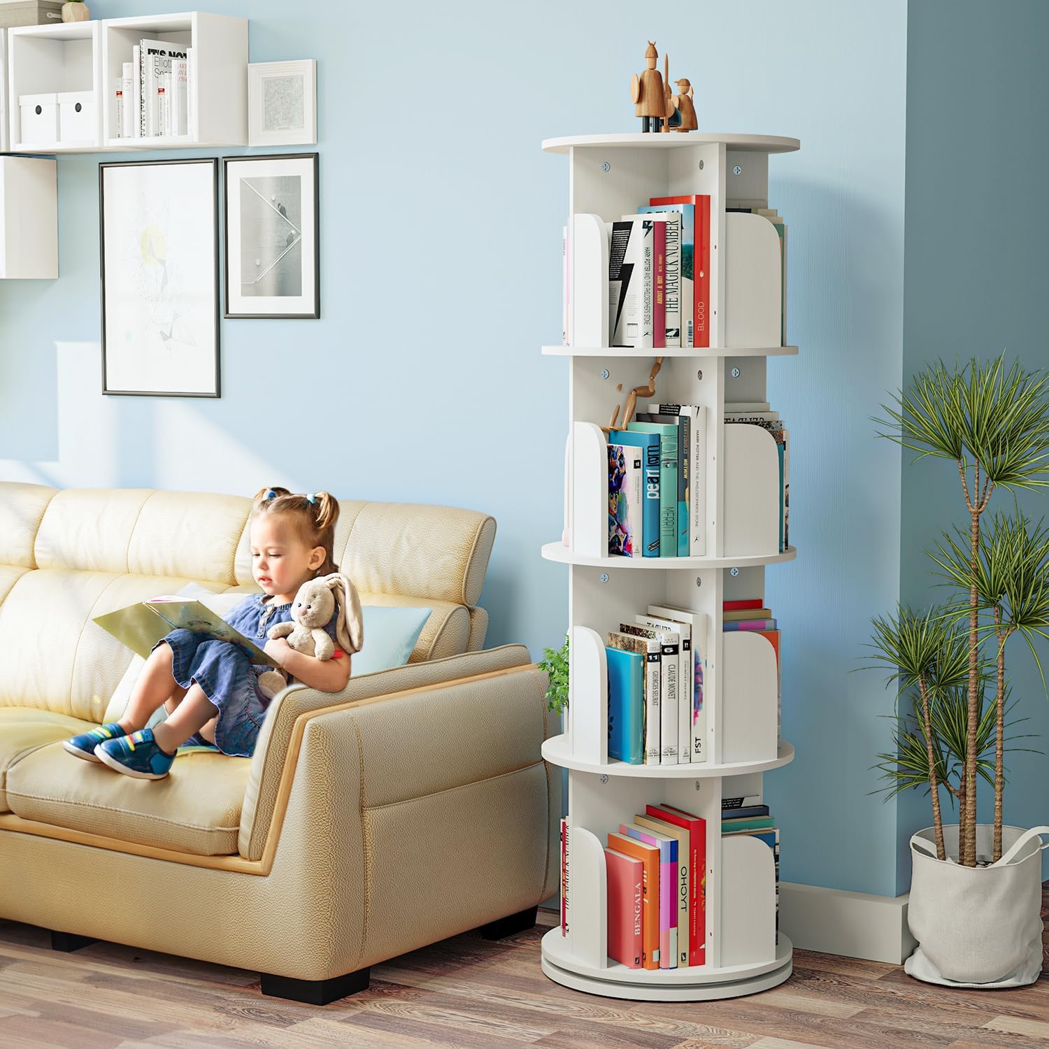 EasyCom Rotating Bookshelf with Metal Frame, 360 Display Wood Revolving Bookcase, 4-Tier Corner Bookshelf with Storage, Floor Standing Spinning Bookshelf for Living Room, Office, White