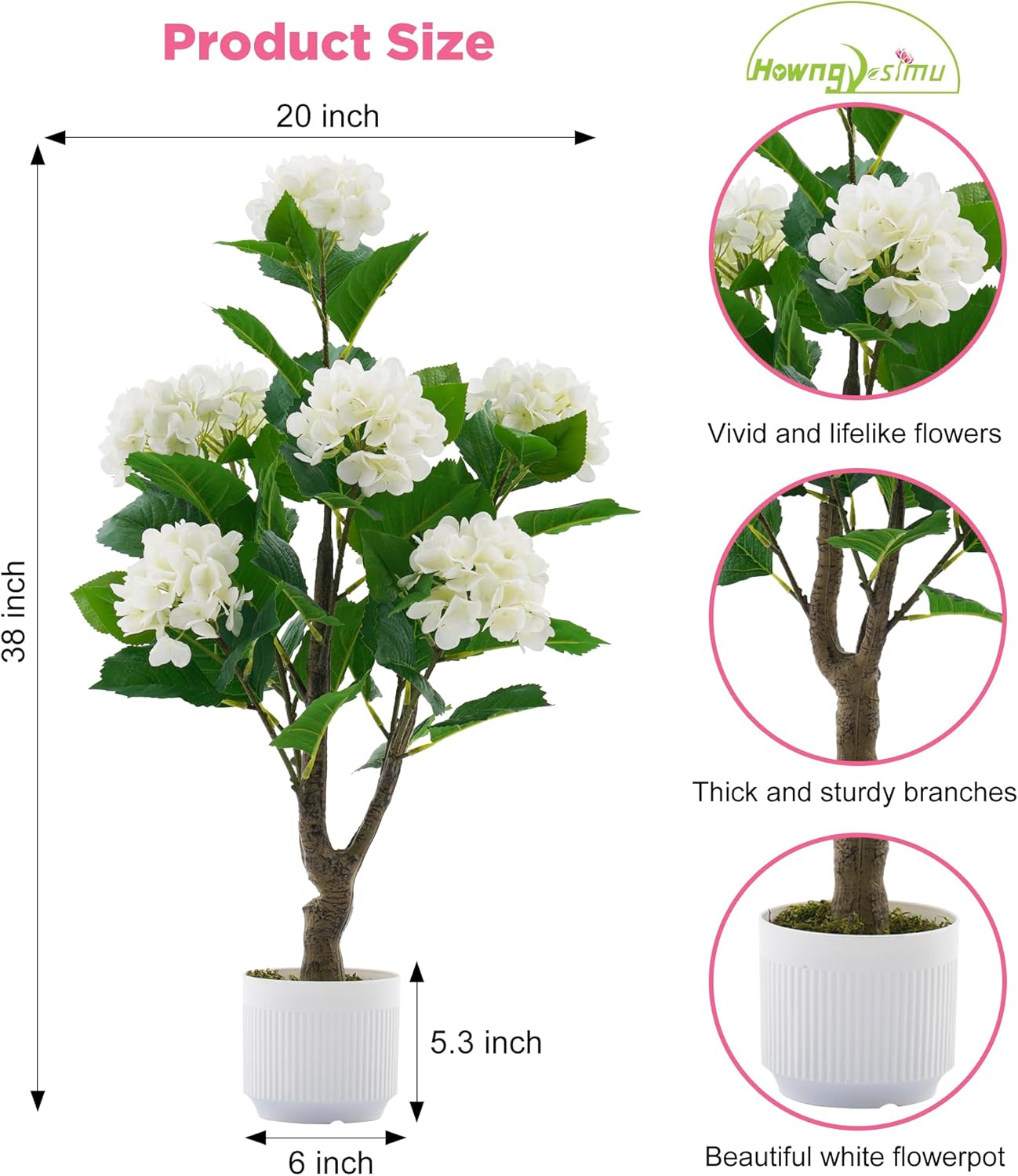 Artificial Hydrangea Tree 2 Pack, 3FT Faux Hydrangea Plant in Pot with White Flowers, Greenery Potted Plant for Indoor Outdoor Office Home Porch Decor, White - Image 3