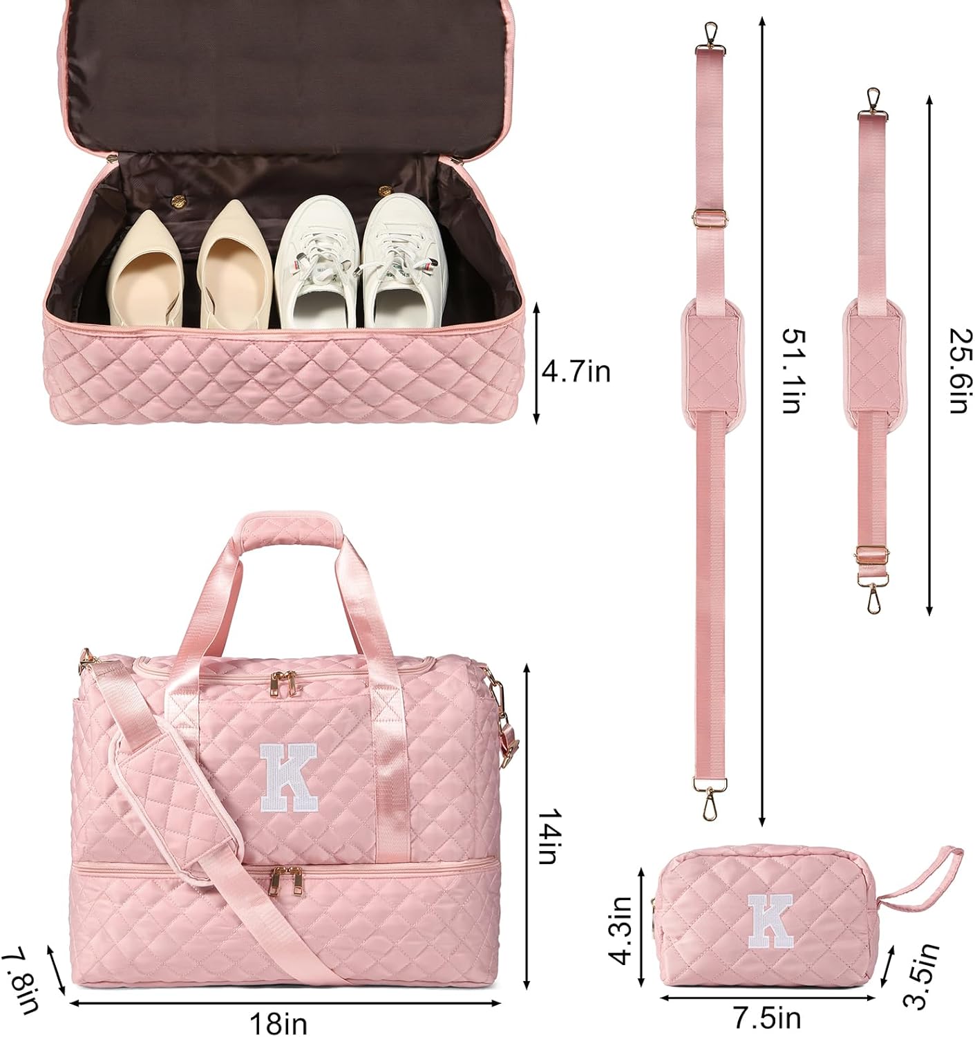 Personalized Initial Travel Bag, Quilted Duffle Bag, Weekender Bag for Women with Cosmetic Bag, Gym Bag with Shoe Compartment, Carry on Overnight Bag, Hospital Bag for Labor Delivery (Pink, K) - Image 4