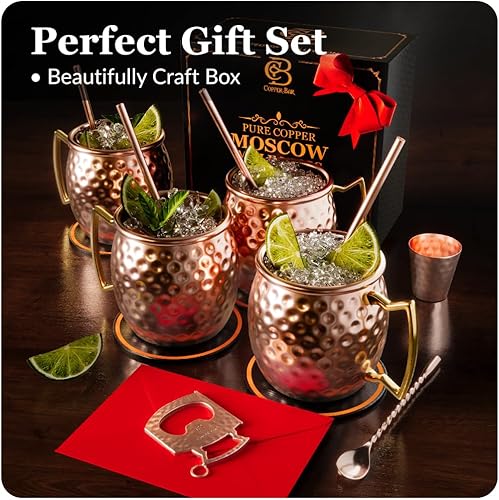 Miniatura 4 de Copper-Bar - Juego de 4 tazas de cobre macizo puro 100 hechas a mano juego de regalo de 16 onzas con popotes de cobre de la más alta calidad y