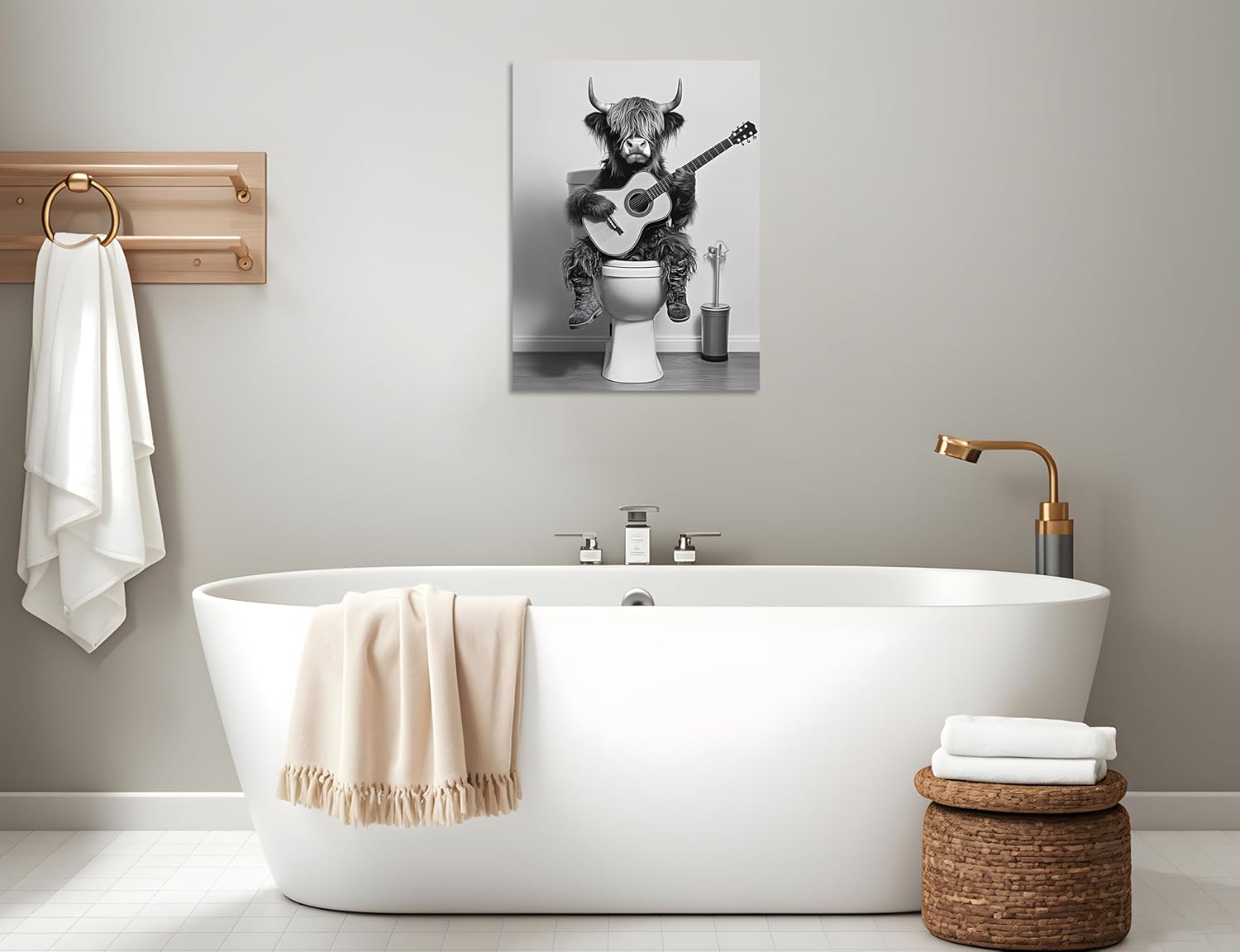 OWNANRTHM Highland Cow Bathroom Canvas Wall Art Funny Animals Bathroom Pictures Highland Cow Plays Guitar on the Toilet Painting Black and White Animals Bathroom Poster for Bathroom Framed 16X20 inch