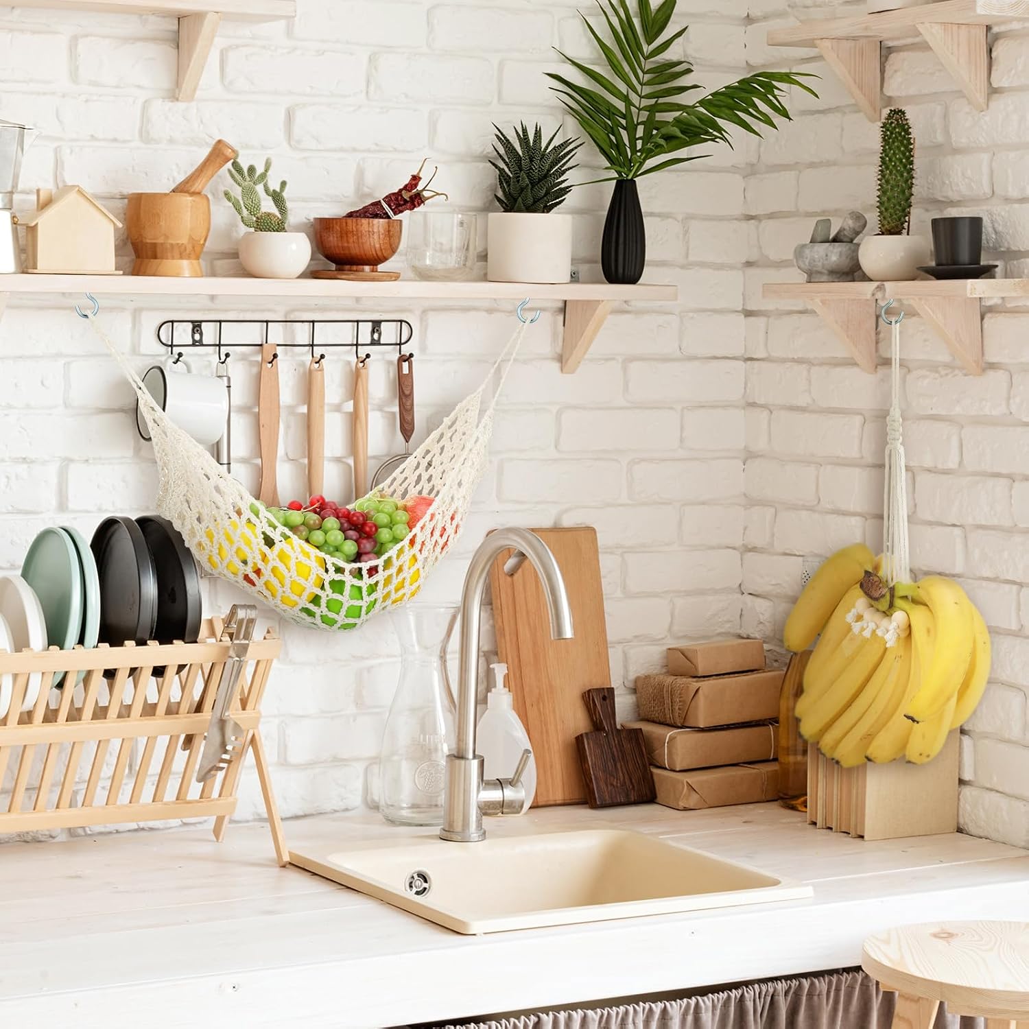 Preboun 6 Pcs Hanging Fruit Hammock for Kitchen Fruit Basket Under Cabinet