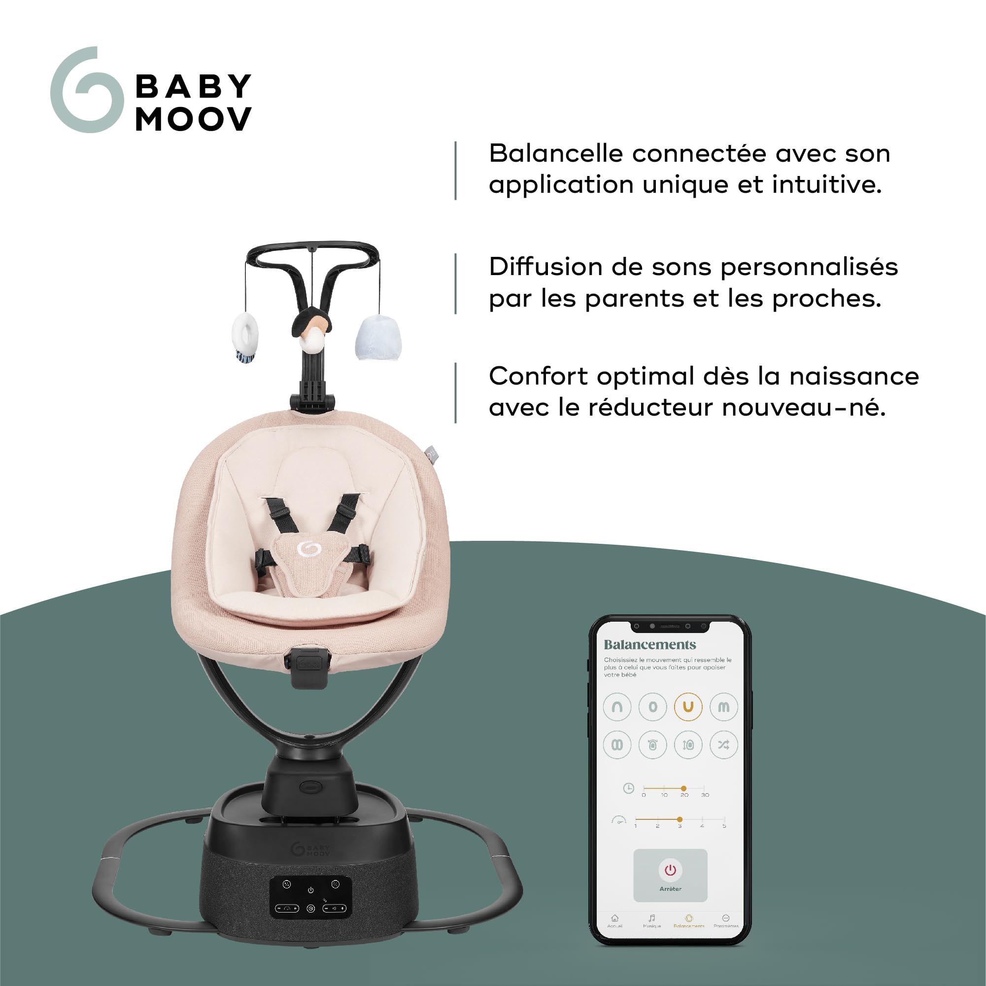 Babymoov Balancelle Bébé Électrique Swoon Evolution Mocca-Connectée avec Application mobile - Streaming musical, Enregistrement de voix et Berceuses personnalisées - Assise 360° - Réducteur nouveau-né
