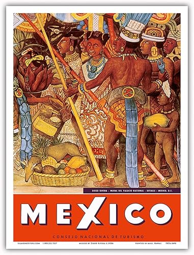 México - Azteca indios - Detalle del mural - Palacio Nacional (Palacio Nacional) - Ciudad de México - Póster de viaje vintage por Diego Rivera