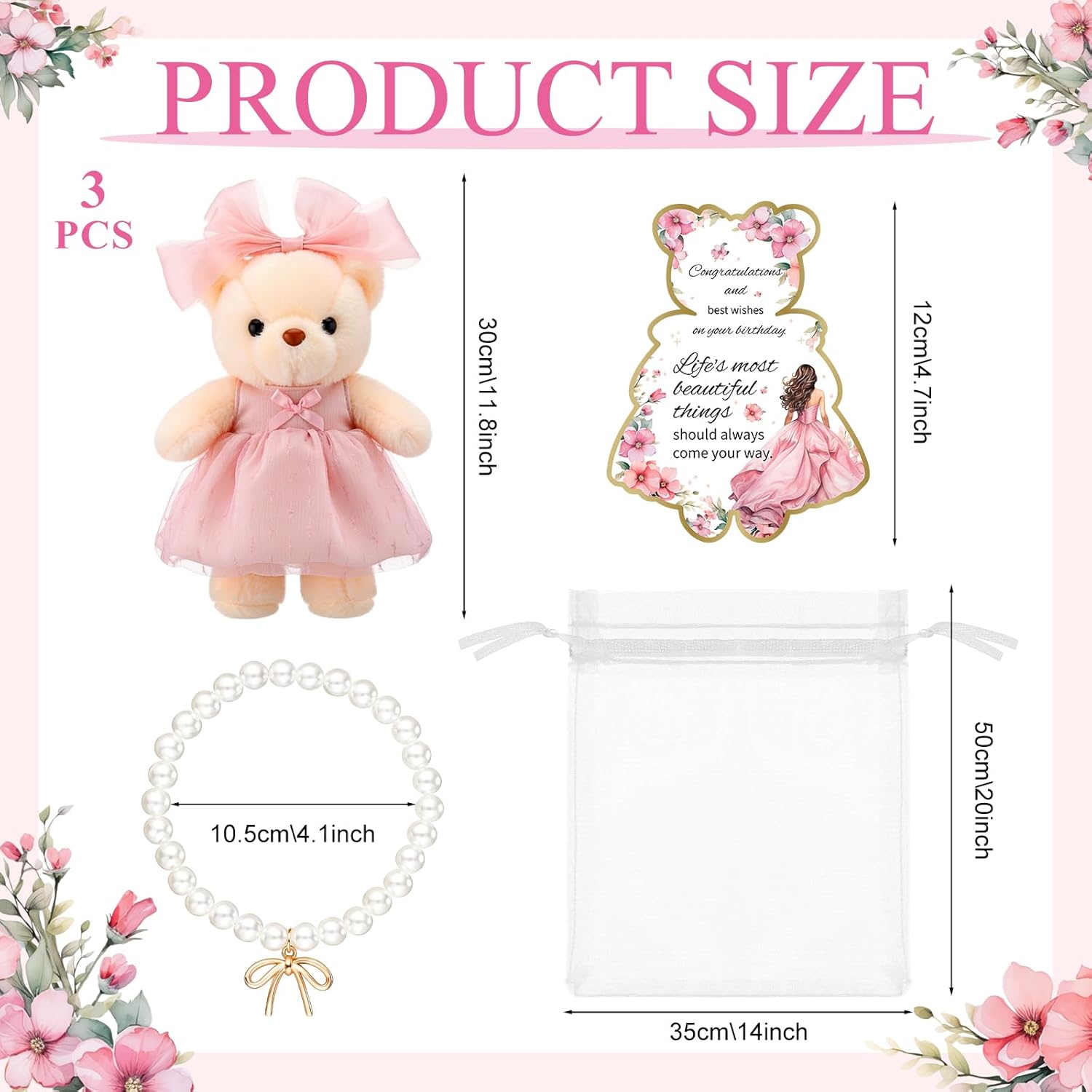 3 Set/18pcs Pink Bear Gifts for Birthday 12 Inches Bear Animal with Cute Bow Dress Pearl Necklace Tags for Girlsfriends Birthday Quinceanera My First Party Favors