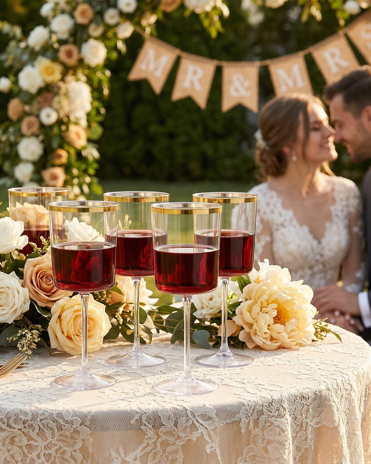 Ciaell 12 Pack Plastic Wine Glasses - 10 Oz Plastic Wine Glasses with Stem - Gold Rim Disposable Cups for Parties & Weddings & Poolside & Toasting & Outdoors